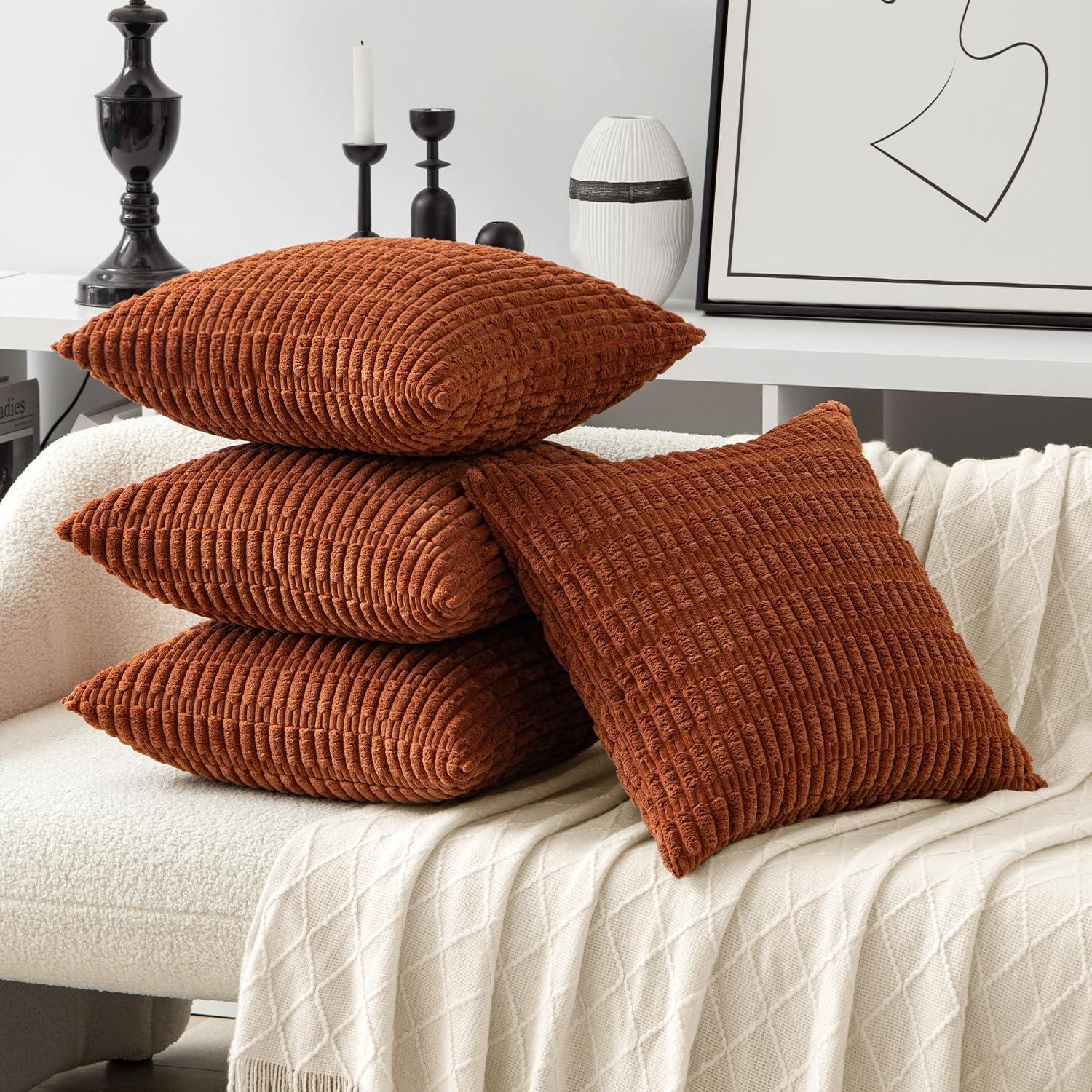 imageMIULEE Pack of 4 Fall Boho Farmhouse Orange Yellow Corduroy Decorative Throw Pillow Covers 18x18 Inch Soft Striped Pillow Covers Modern Rustic Home Decor for Sofa Living Room Couch BedDark Rust