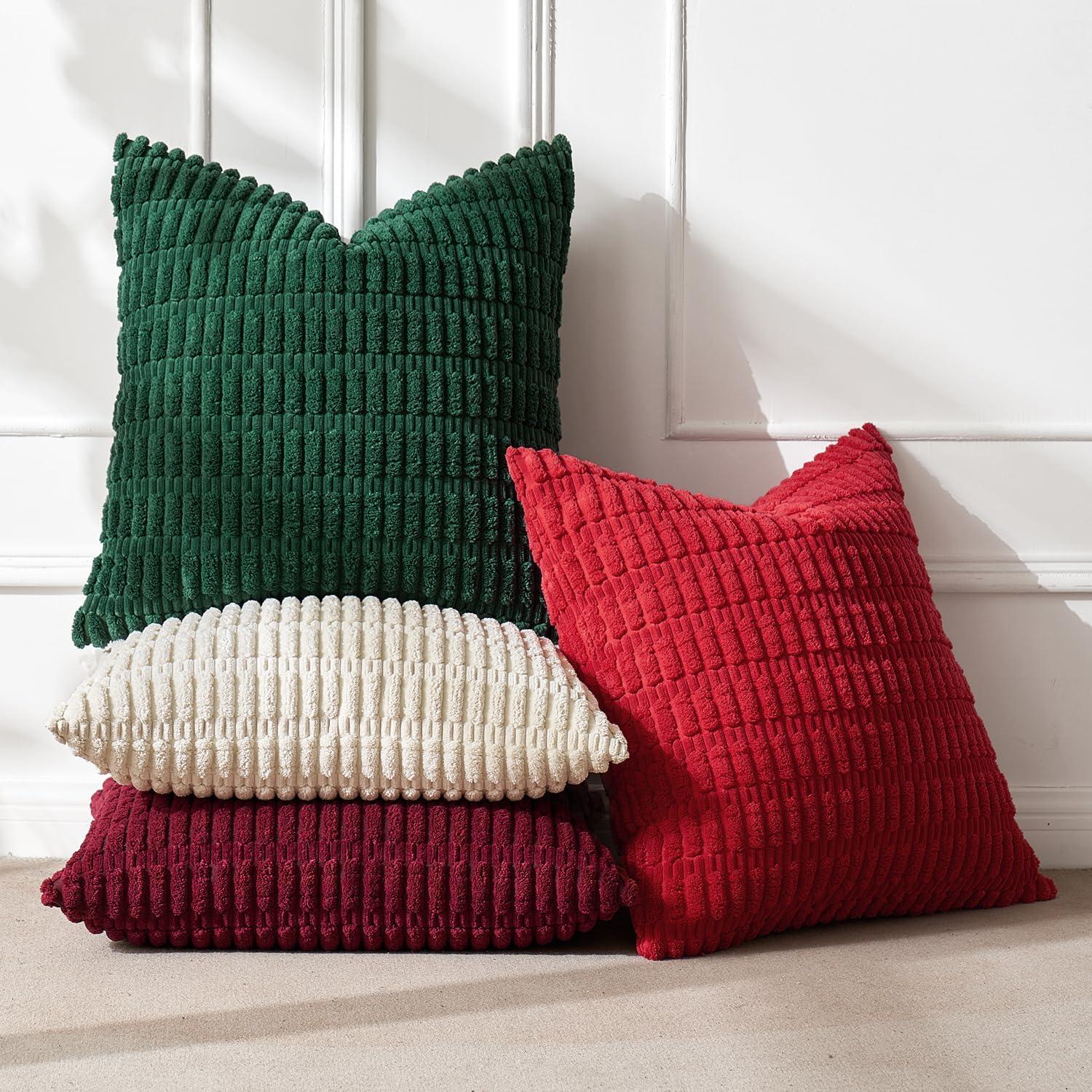 imageMIULEE Pack of 4 Fall Boho Farmhouse Orange Yellow Corduroy Decorative Throw Pillow Covers 18x18 Inch Soft Striped Pillow Covers Modern Rustic Home Decor for Sofa Living Room Couch BedRed and Green