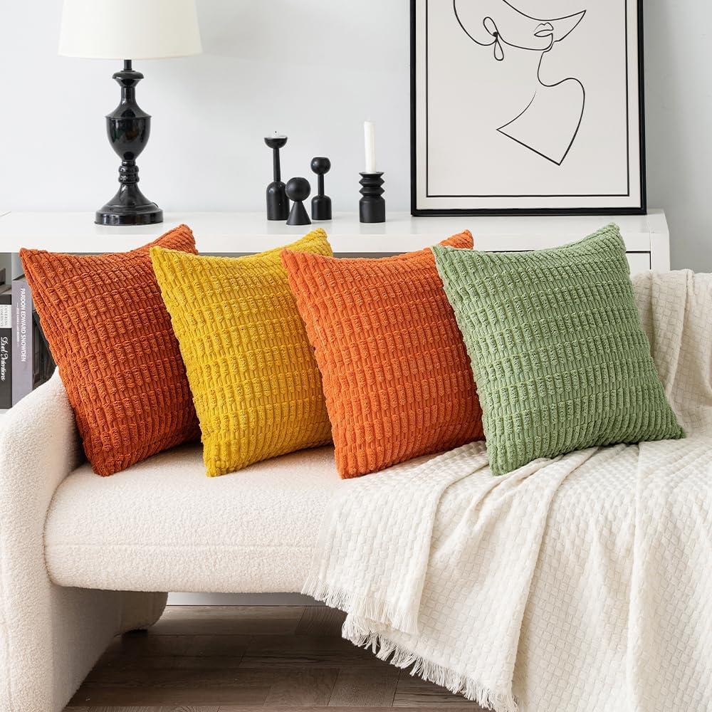 imageMIULEE Pack of 4 Fall Boho Farmhouse Orange Yellow Corduroy Decorative Throw Pillow Covers 18x18 Inch Soft Striped Pillow Covers Modern Rustic Home Decor for Sofa Living Room Couch BedOrange Green