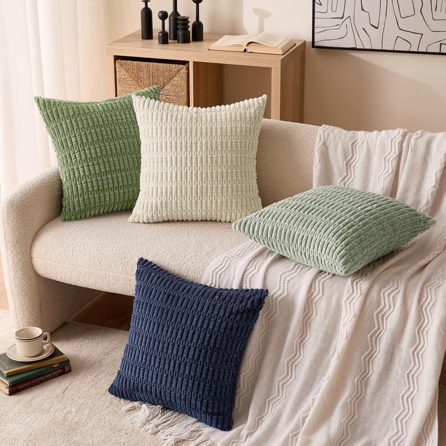 imageMIULEE Pack of 4 Fall Boho Farmhouse Orange Yellow Corduroy Decorative Throw Pillow Covers 18x18 Inch Soft Striped Pillow Covers Modern Rustic Home Decor for Sofa Living Room Couch BedGreen Blue