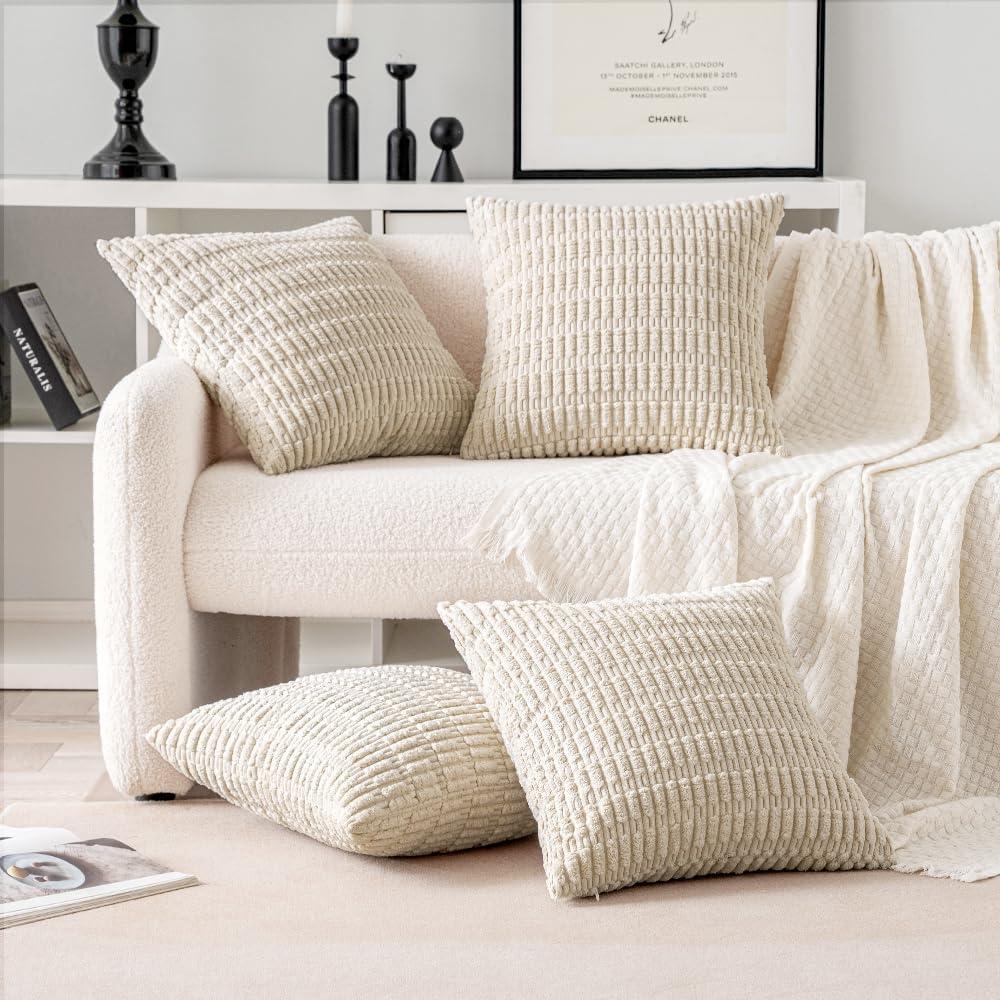 imageMIULEE Pack of 4 Fall Boho Farmhouse Orange Yellow Corduroy Decorative Throw Pillow Covers 18x18 Inch Soft Striped Pillow Covers Modern Rustic Home Decor for Sofa Living Room Couch BedCream White
