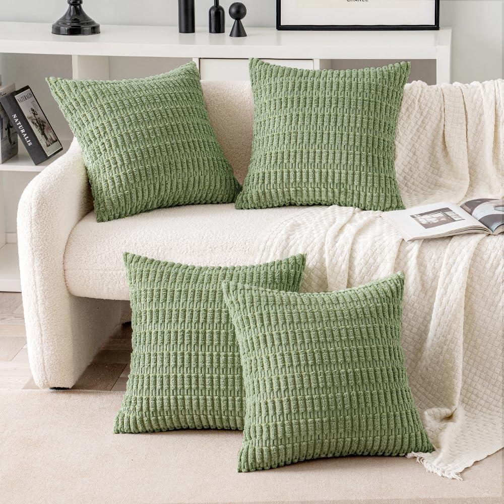 imageMIULEE Pack of 4 Fall Boho Farmhouse Orange Yellow Corduroy Decorative Throw Pillow Covers 18x18 Inch Soft Striped Pillow Covers Modern Rustic Home Decor for Sofa Living Room Couch BedSage Green