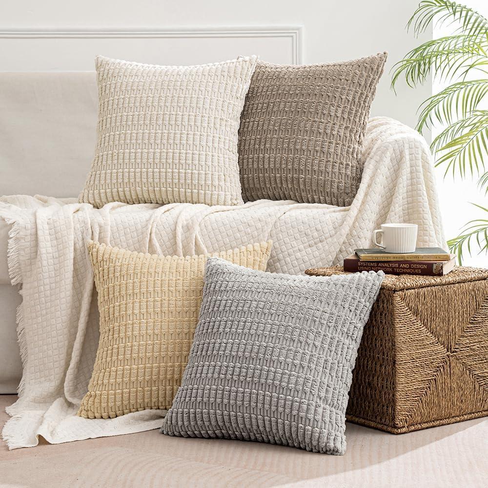 imageMIULEE Pack of 4 Fall Boho Farmhouse Orange Yellow Corduroy Decorative Throw Pillow Covers 18x18 Inch Soft Striped Pillow Covers Modern Rustic Home Decor for Sofa Living Room Couch BedNeutral