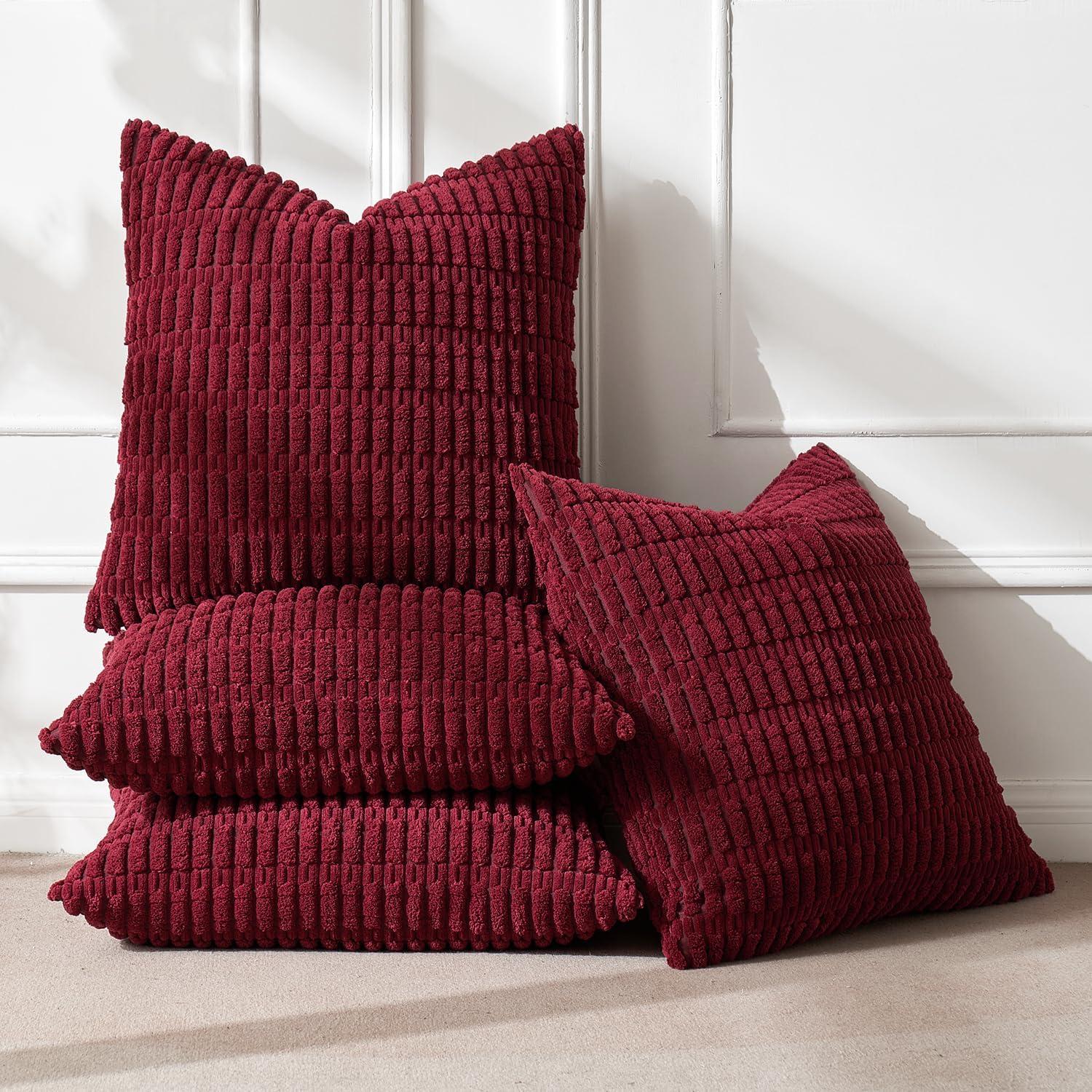 imageMIULEE Pack of 4 Fall Boho Farmhouse Orange Yellow Corduroy Decorative Throw Pillow Covers 18x18 Inch Soft Striped Pillow Covers Modern Rustic Home Decor for Sofa Living Room Couch BedWine Red