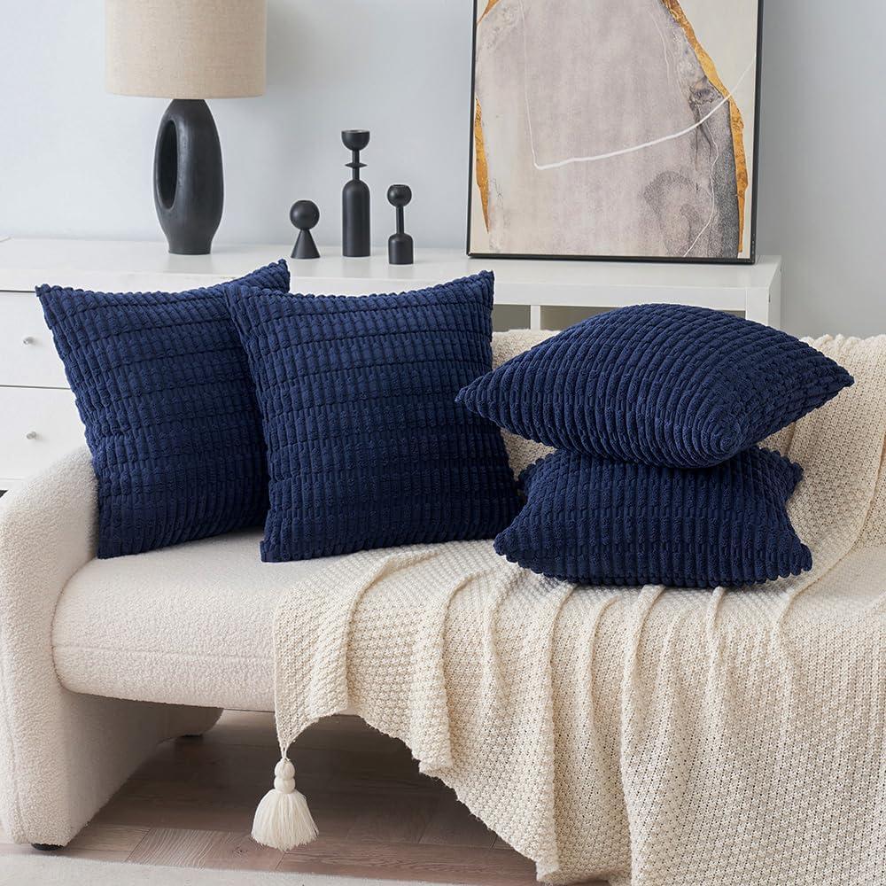 imageMIULEE Pack of 4 Fall Boho Farmhouse Orange Yellow Corduroy Decorative Throw Pillow Covers 18x18 Inch Soft Striped Pillow Covers Modern Rustic Home Decor for Sofa Living Room Couch BedDark Blue