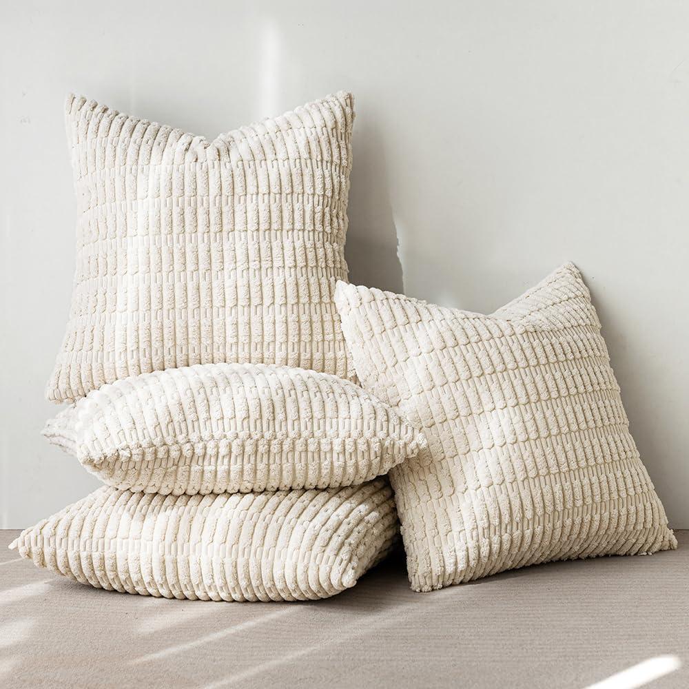 imageMIULEE Pack of 4 Fall Boho Farmhouse Orange Yellow Corduroy Decorative Throw Pillow Covers 18x18 Inch Soft Striped Pillow Covers Modern Rustic Home Decor for Sofa Living Room Couch BedCream White