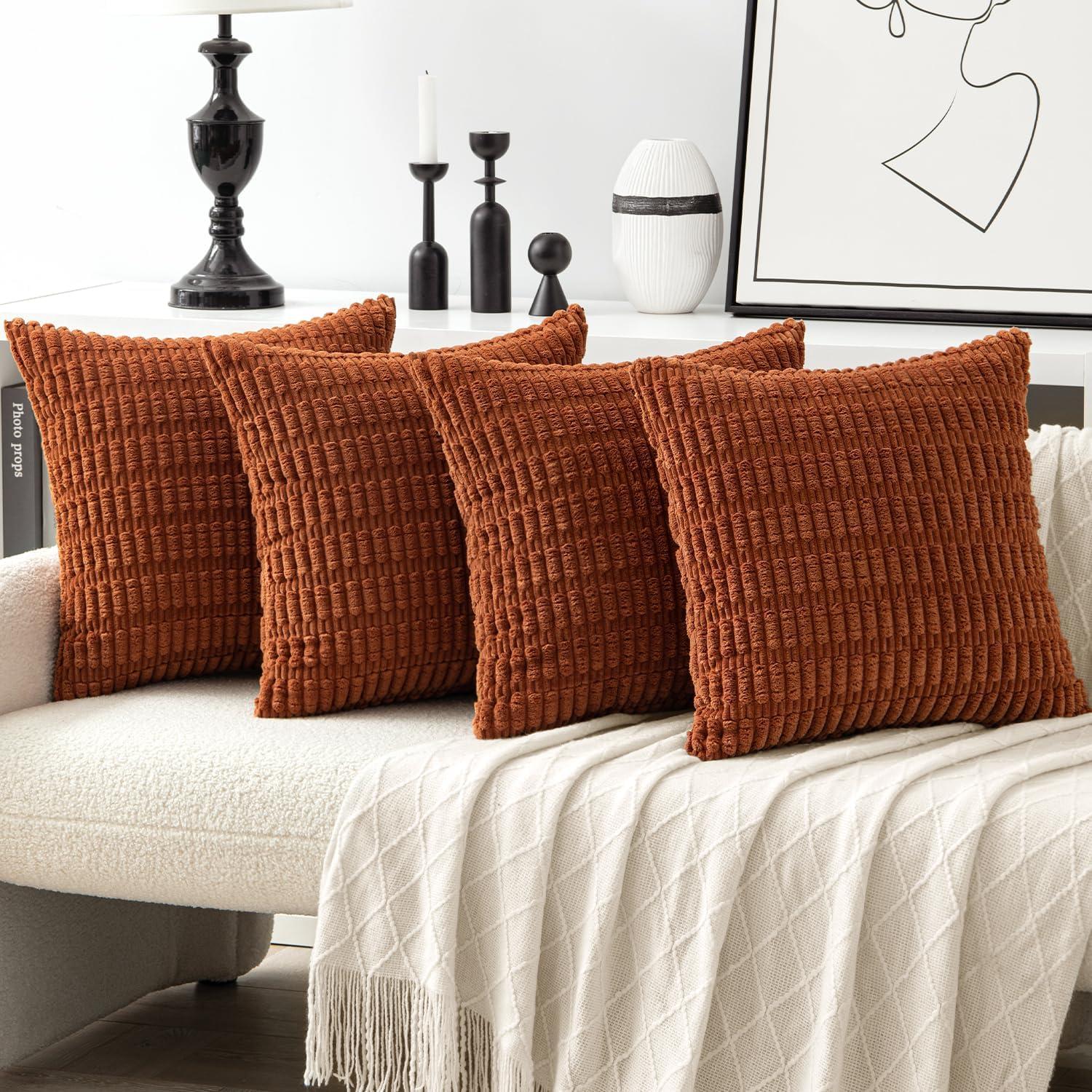 imageMIULEE Pack of 4 Fall Boho Farmhouse Orange Yellow Corduroy Decorative Throw Pillow Covers 18x18 Inch Soft Striped Pillow Covers Modern Rustic Home Decor for Sofa Living Room Couch BedDark Rust