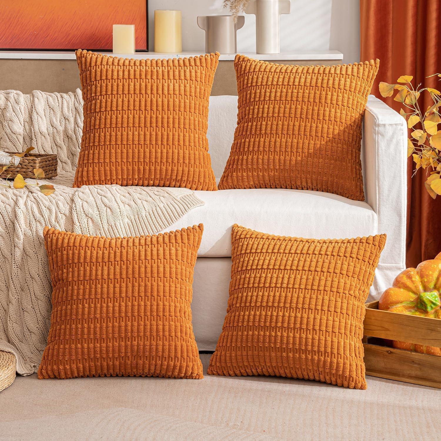 imageMIULEE Pack of 4 Fall Boho Farmhouse Orange Yellow Corduroy Decorative Throw Pillow Covers 18x18 Inch Soft Striped Pillow Covers Modern Rustic Home Decor for Sofa Living Room Couch BedBurnt Orange