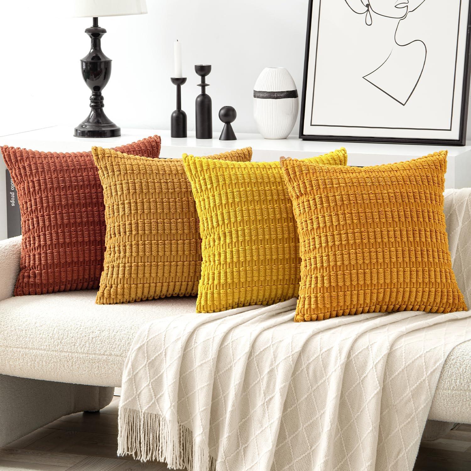imageMIULEE Pack of 4 Fall Boho Farmhouse Orange Yellow Corduroy Decorative Throw Pillow Covers 18x18 Inch Soft Striped Pillow Covers Modern Rustic Home Decor for Sofa Living Room Couch BedOrangeyellow