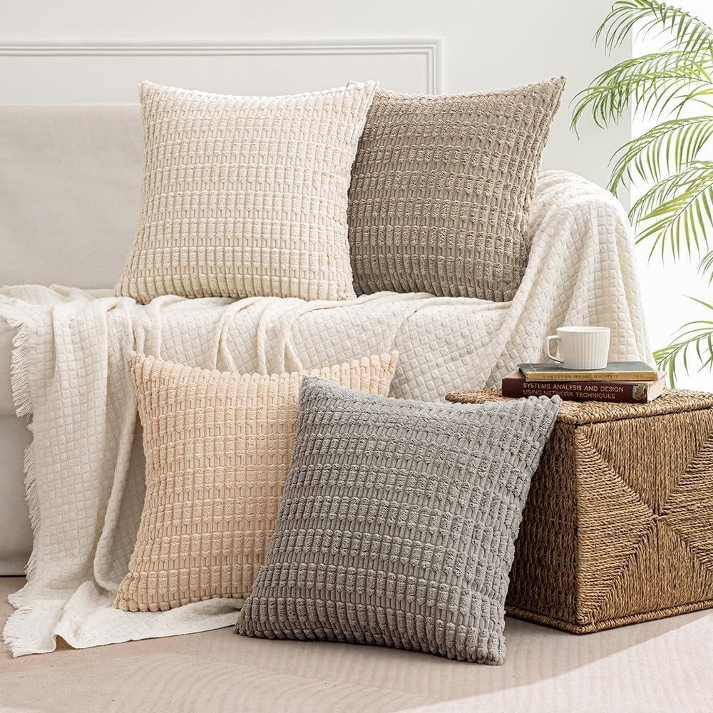 imageMIULEE Pack of 4 Fall Boho Farmhouse Orange Yellow Corduroy Decorative Throw Pillow Covers 18x18 Inch Soft Striped Pillow Covers Modern Rustic Home Decor for Sofa Living Room Couch BedBeige and Brown