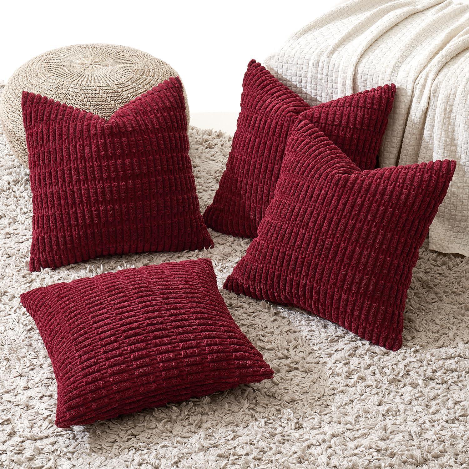 imageMIULEE Pack of 4 Fall Boho Farmhouse Orange Yellow Corduroy Decorative Throw Pillow Covers 18x18 Inch Soft Striped Pillow Covers Modern Rustic Home Decor for Sofa Living Room Couch BedWine Red