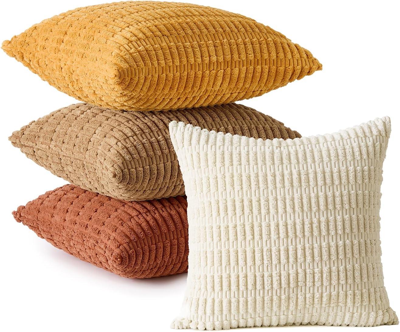 imageMIULEE Pack of 4 Fall Boho Farmhouse Orange Yellow Corduroy Decorative Throw Pillow Covers 18x18 Inch Soft Striped Pillow Covers Modern Rustic Home Decor for Sofa Living Room Couch BedCamel