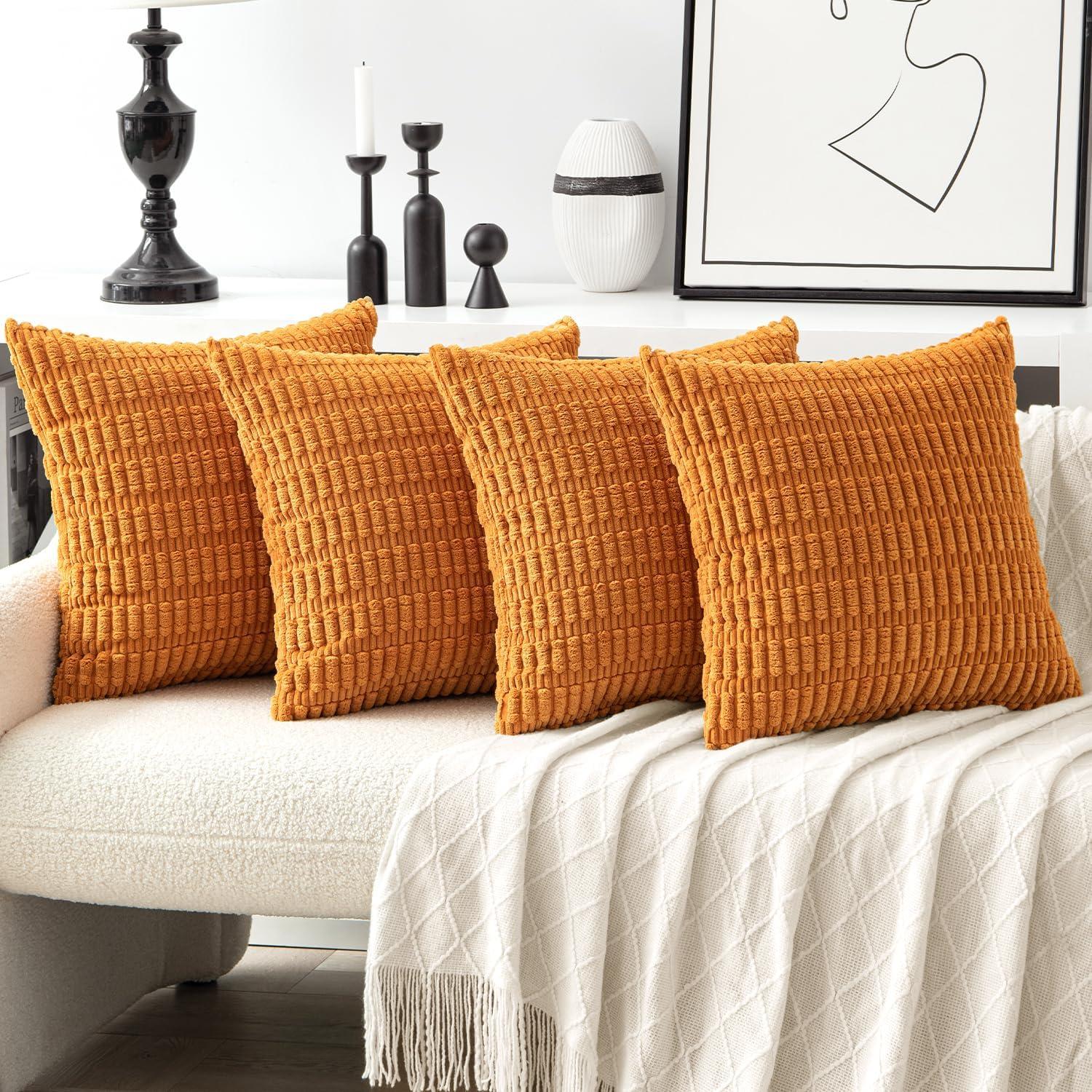 imageMIULEE Pack of 4 Fall Boho Farmhouse Orange Yellow Corduroy Decorative Throw Pillow Covers 18x18 Inch Soft Striped Pillow Covers Modern Rustic Home Decor for Sofa Living Room Couch BedBurnt Orange