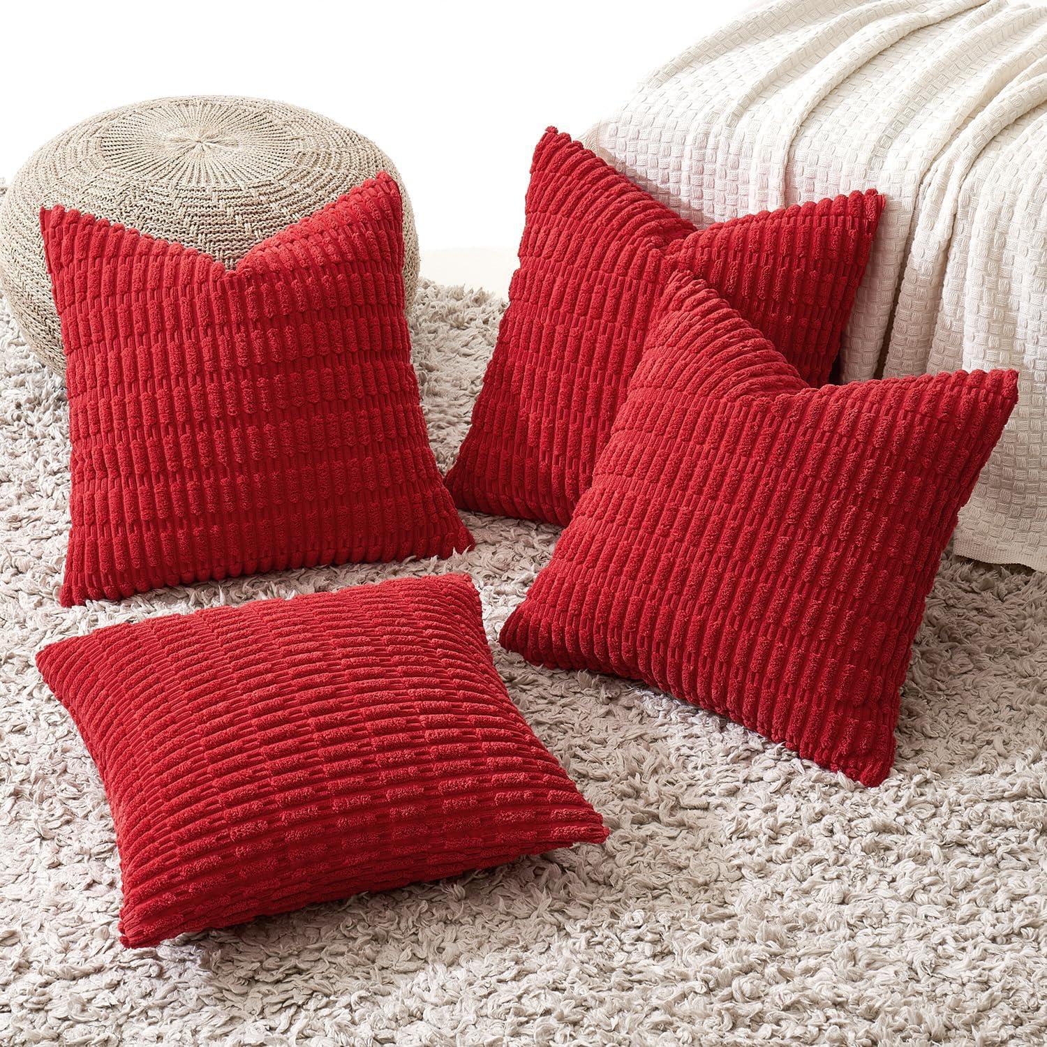 imageMIULEE Pack of 4 Fall Boho Farmhouse Orange Yellow Corduroy Decorative Throw Pillow Covers 18x18 Inch Soft Striped Pillow Covers Modern Rustic Home Decor for Sofa Living Room Couch BedRed