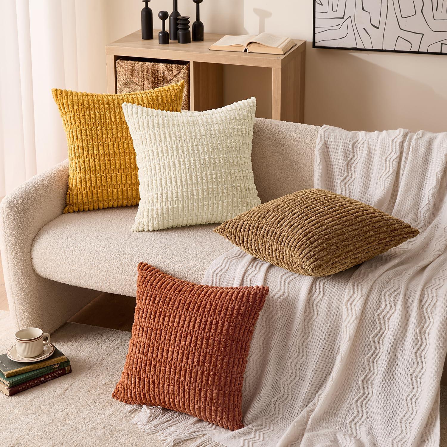 imageMIULEE Pack of 4 Fall Boho Farmhouse Orange Yellow Corduroy Decorative Throw Pillow Covers 18x18 Inch Soft Striped Pillow Covers Modern Rustic Home Decor for Sofa Living Room Couch BedCamel