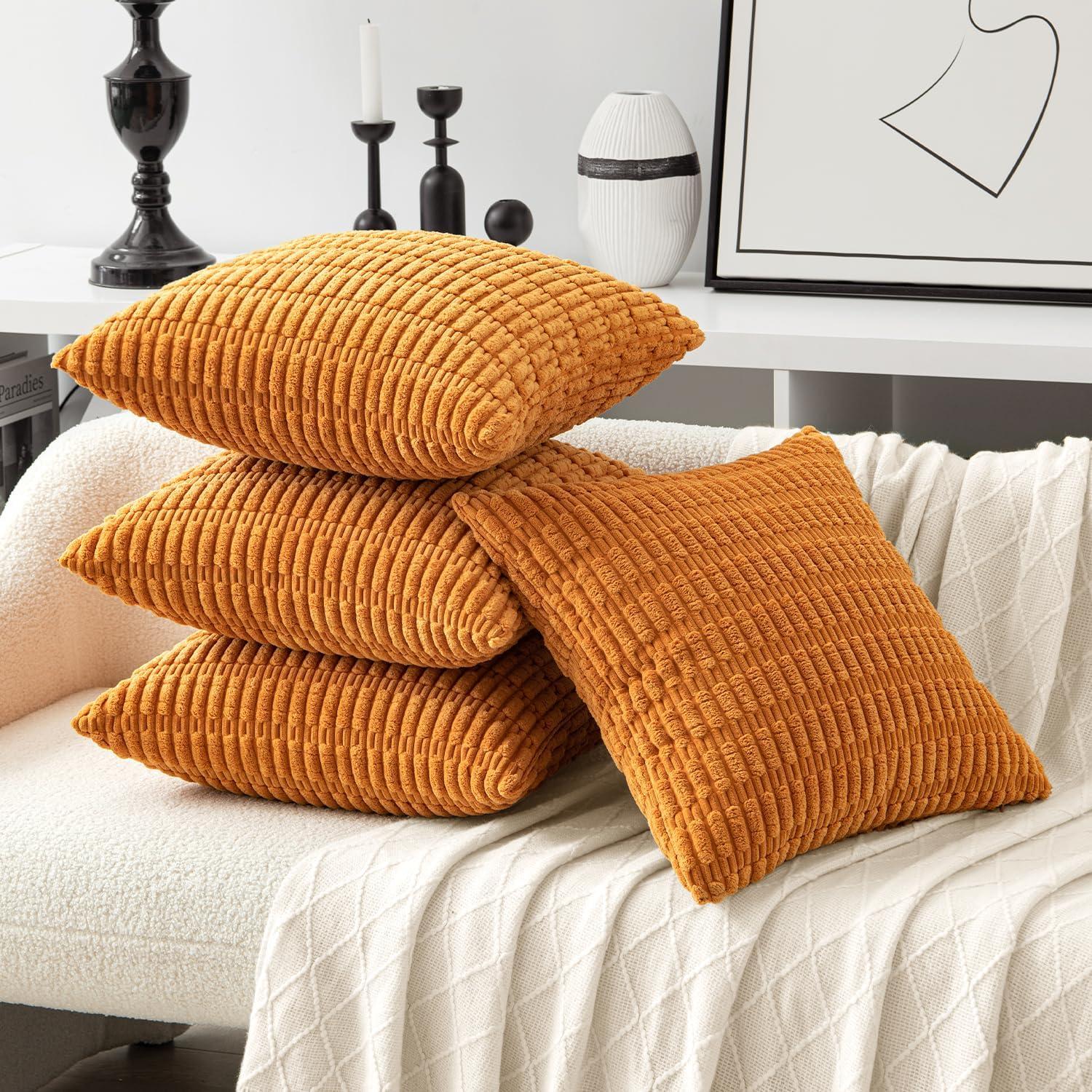 imageMIULEE Pack of 4 Fall Boho Farmhouse Orange Yellow Corduroy Decorative Throw Pillow Covers 18x18 Inch Soft Striped Pillow Covers Modern Rustic Home Decor for Sofa Living Room Couch BedBurnt Orange