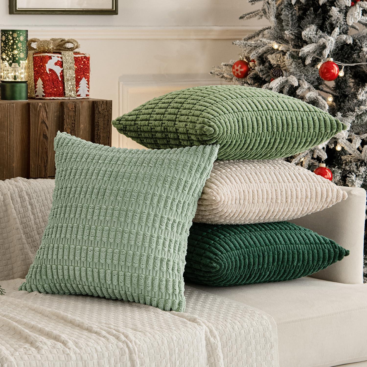 imageMIULEE Pack of 4 Fall Boho Farmhouse Orange Yellow Corduroy Decorative Throw Pillow Covers 18x18 Inch Soft Striped Pillow Covers Modern Rustic Home Decor for Sofa Living Room Couch BedGreen