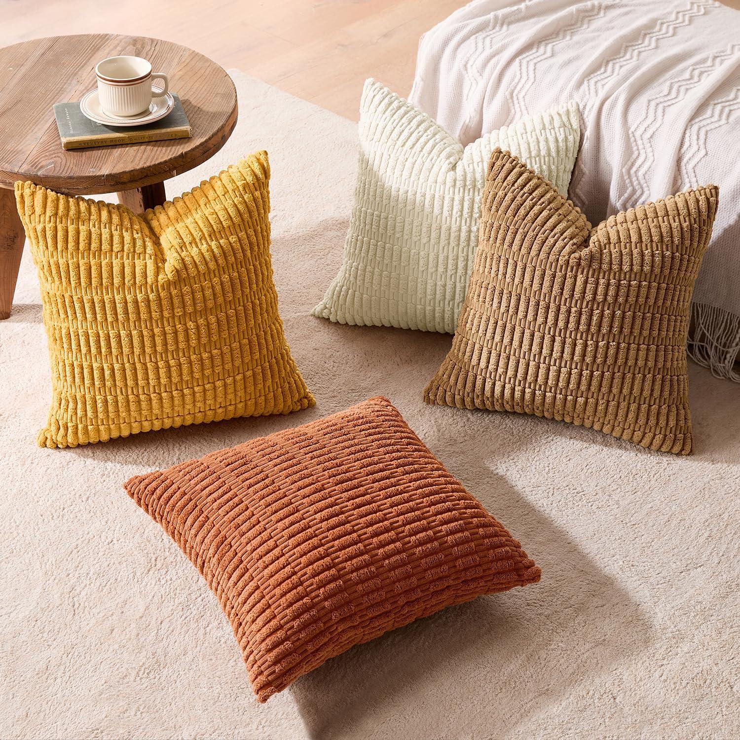 imageMIULEE Pack of 4 Fall Boho Farmhouse Orange Yellow Corduroy Decorative Throw Pillow Covers 18x18 Inch Soft Striped Pillow Covers Modern Rustic Home Decor for Sofa Living Room Couch BedCamel