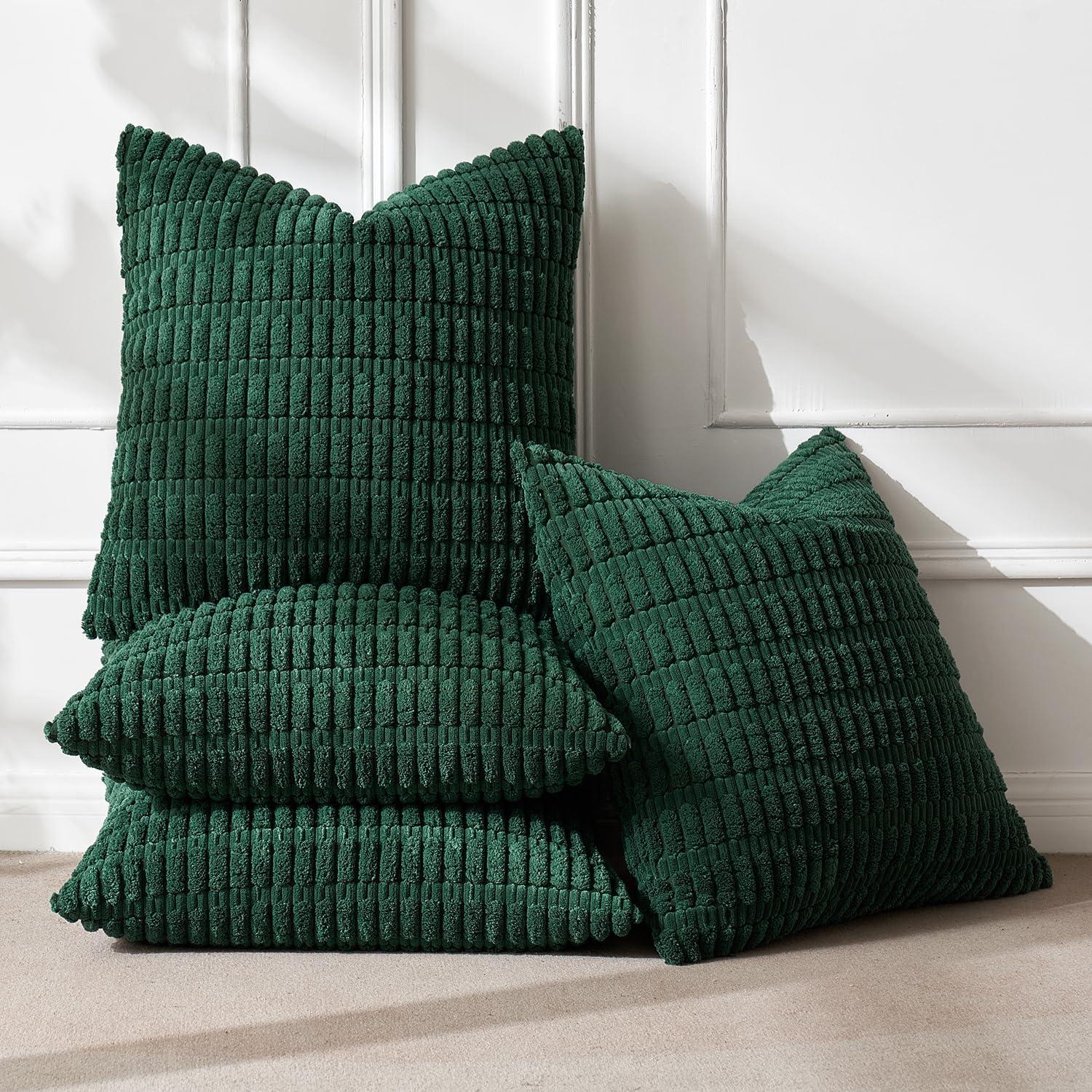 imageMIULEE Pack of 4 Fall Boho Farmhouse Orange Yellow Corduroy Decorative Throw Pillow Covers 18x18 Inch Soft Striped Pillow Covers Modern Rustic Home Decor for Sofa Living Room Couch BedDark Green