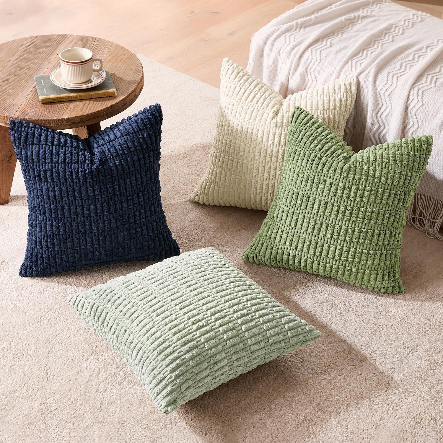 imageMIULEE Pack of 4 Fall Boho Farmhouse Orange Yellow Corduroy Decorative Throw Pillow Covers 18x18 Inch Soft Striped Pillow Covers Modern Rustic Home Decor for Sofa Living Room Couch BedGreen Blue