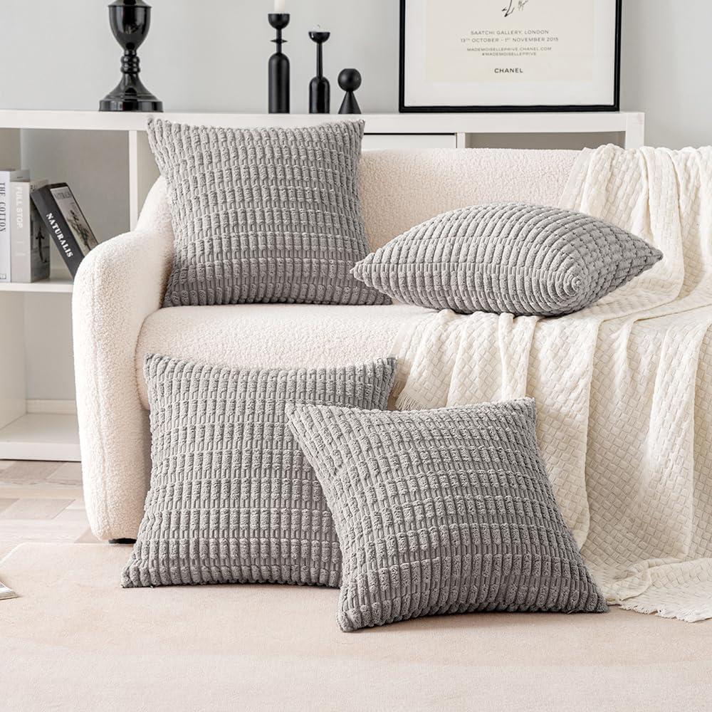 imageMIULEE Pack of 4 Fall Boho Farmhouse Orange Yellow Corduroy Decorative Throw Pillow Covers 18x18 Inch Soft Striped Pillow Covers Modern Rustic Home Decor for Sofa Living Room Couch BedLight Grey