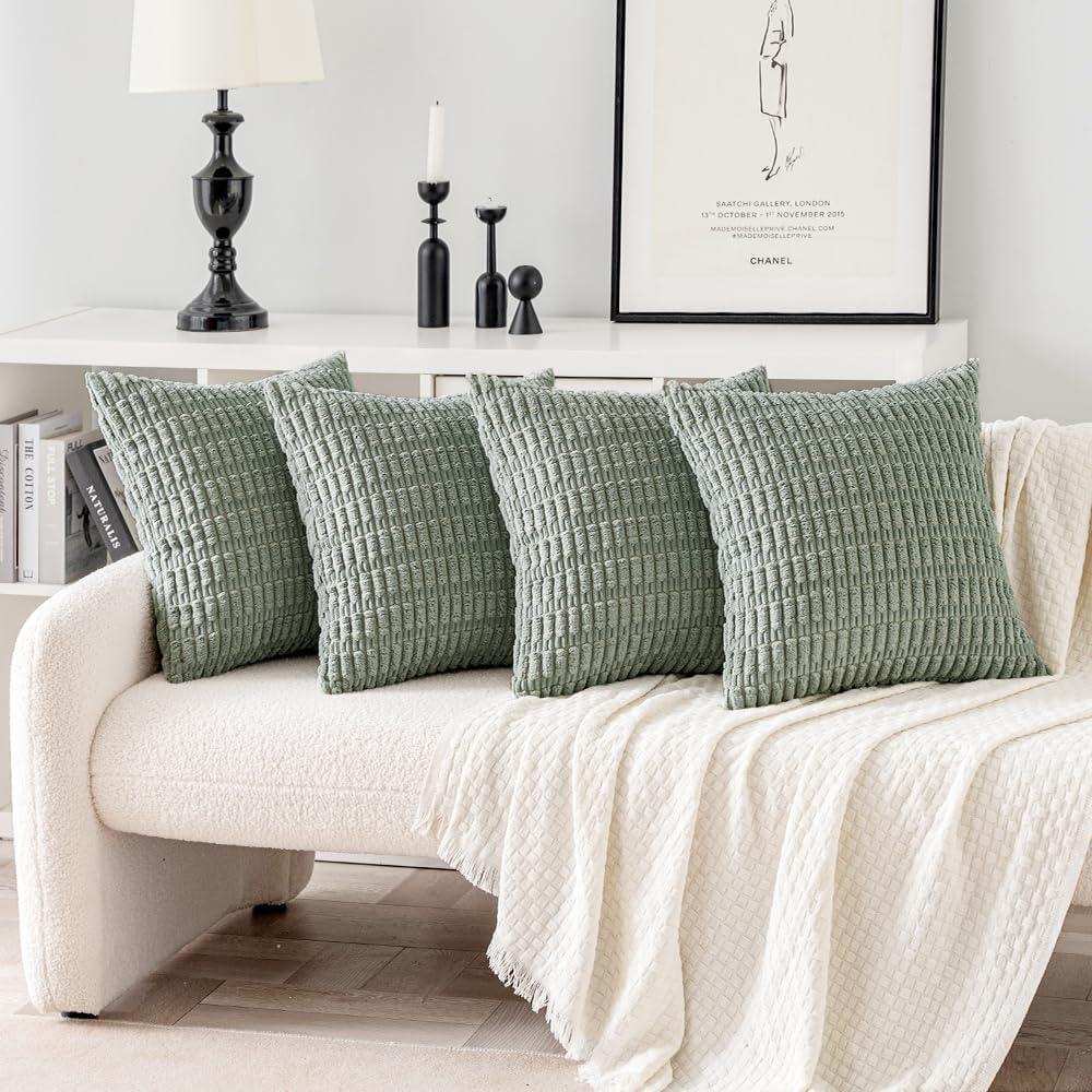 imageMIULEE Pack of 4 Fall Boho Farmhouse Orange Yellow Corduroy Decorative Throw Pillow Covers 18x18 Inch Soft Striped Pillow Covers Modern Rustic Home Decor for Sofa Living Room Couch BedGreyish Green