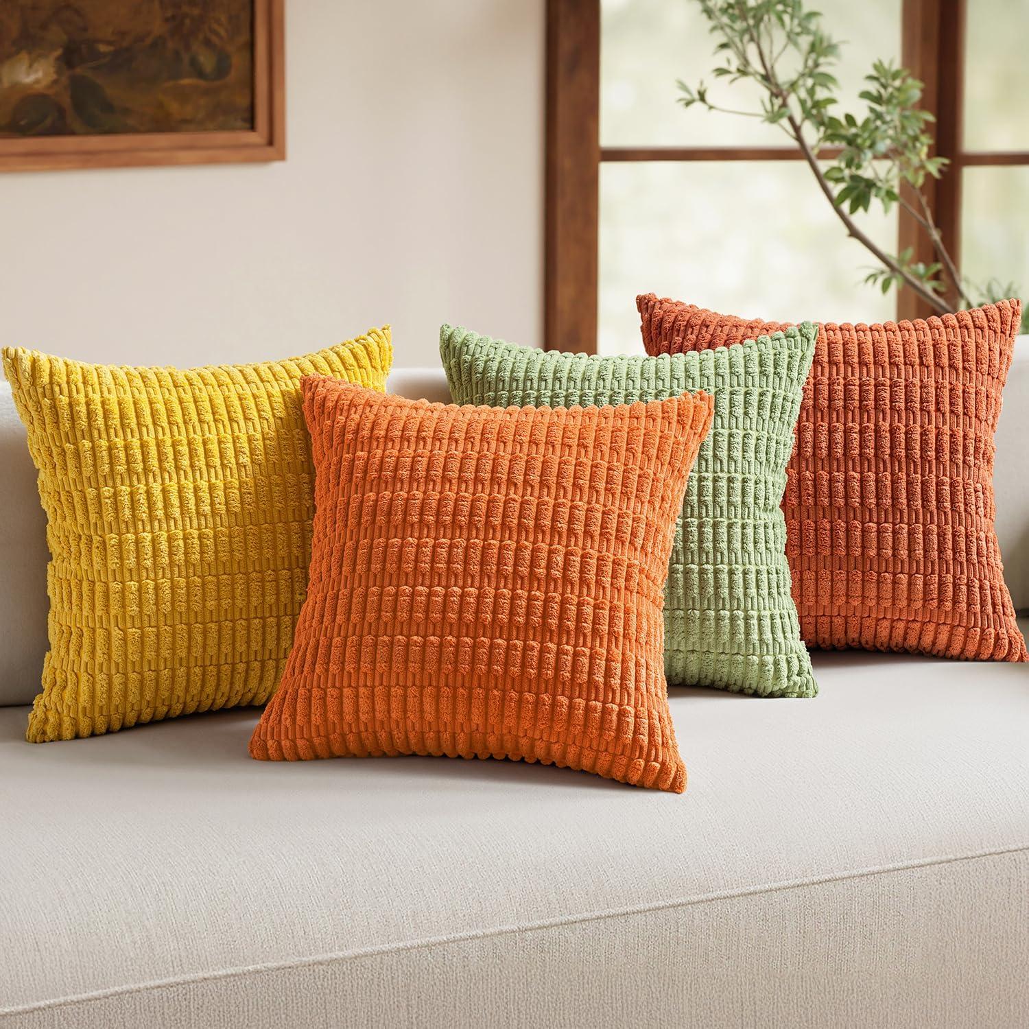 imageMIULEE Pack of 4 Fall Boho Farmhouse Orange Yellow Corduroy Decorative Throw Pillow Covers 18x18 Inch Soft Striped Pillow Covers Modern Rustic Home Decor for Sofa Living Room Couch BedOrange Green