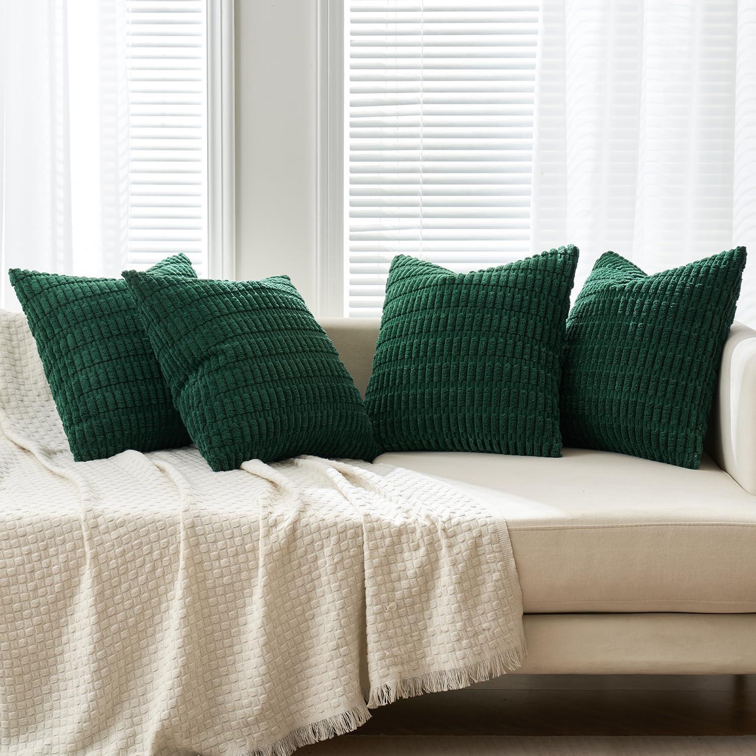imageMIULEE Pack of 4 Fall Boho Farmhouse Orange Yellow Corduroy Decorative Throw Pillow Covers 18x18 Inch Soft Striped Pillow Covers Modern Rustic Home Decor for Sofa Living Room Couch BedDark Green