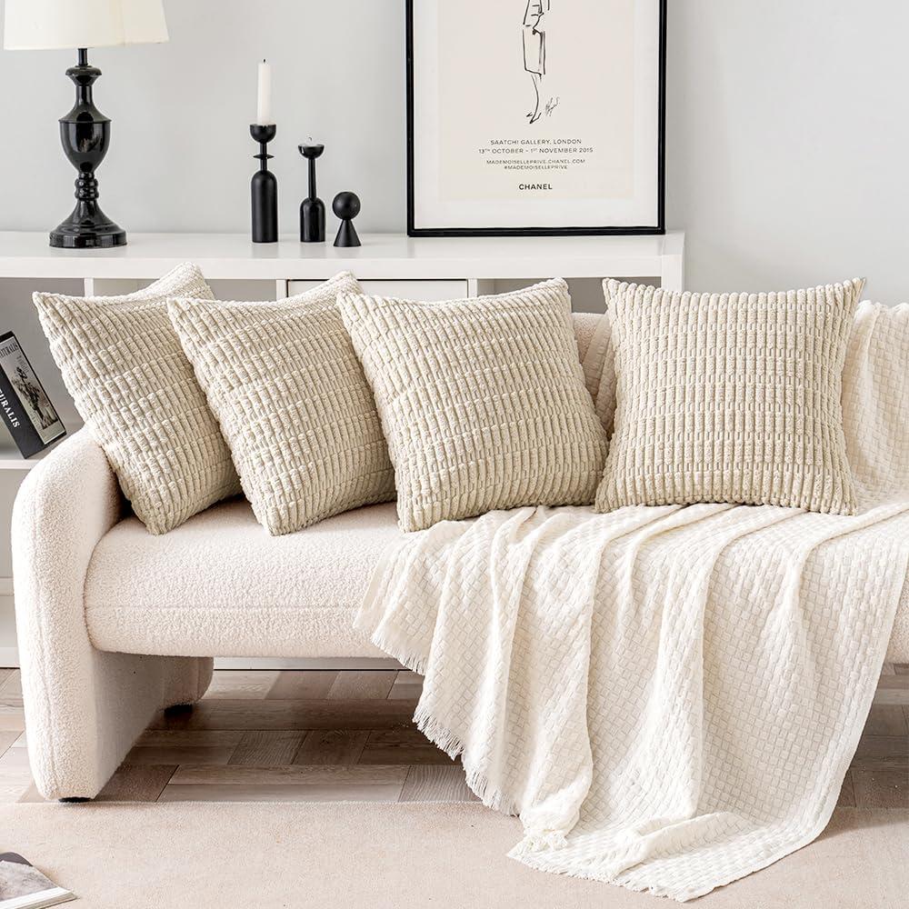 imageMIULEE Pack of 4 Fall Boho Farmhouse Orange Yellow Corduroy Decorative Throw Pillow Covers 18x18 Inch Soft Striped Pillow Covers Modern Rustic Home Decor for Sofa Living Room Couch BedCream White