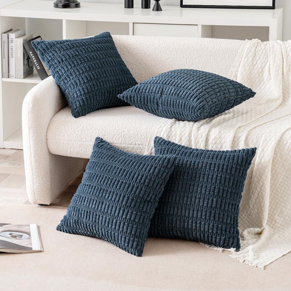 imageMIULEE Pack of 4 Fall Boho Farmhouse Orange Yellow Corduroy Decorative Throw Pillow Covers 18x18 Inch Soft Striped Pillow Covers Modern Rustic Home Decor for Sofa Living Room Couch BedBlue