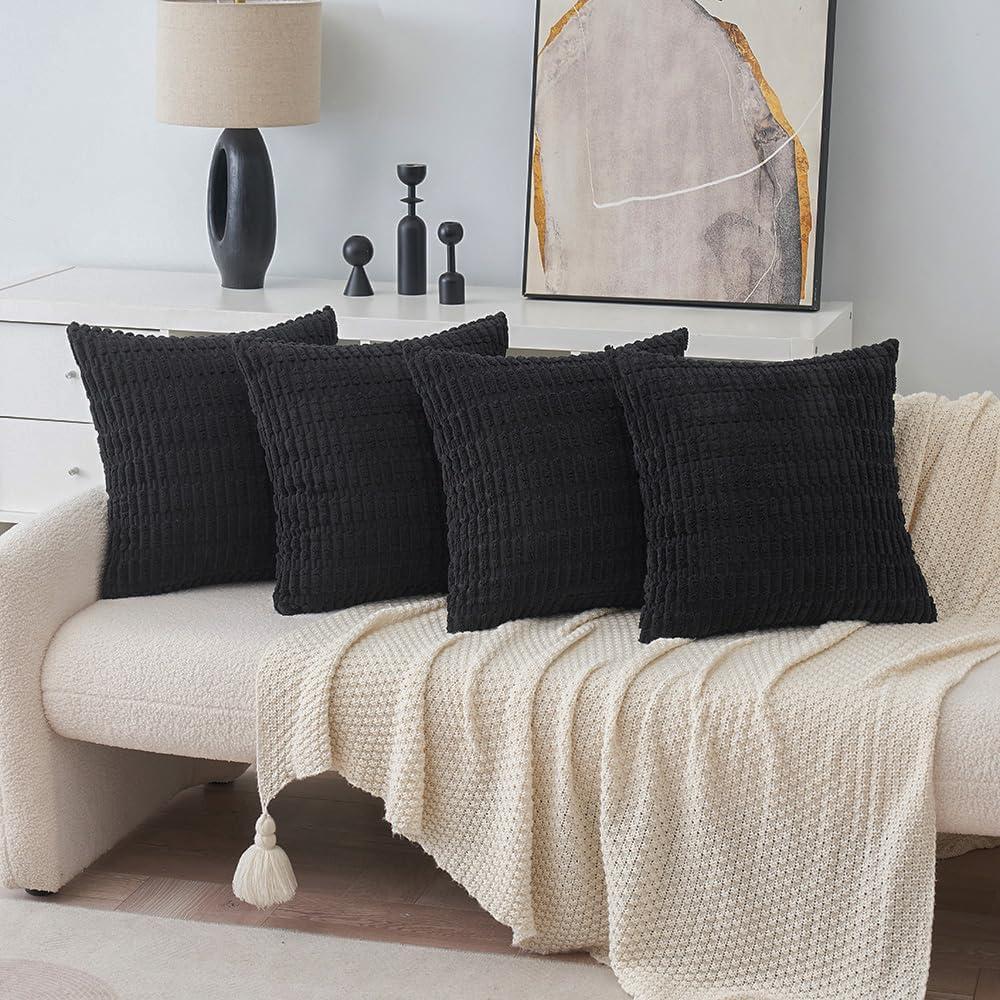 imageMIULEE Pack of 4 Fall Boho Farmhouse Orange Yellow Corduroy Decorative Throw Pillow Covers 18x18 Inch Soft Striped Pillow Covers Modern Rustic Home Decor for Sofa Living Room Couch BedBlack