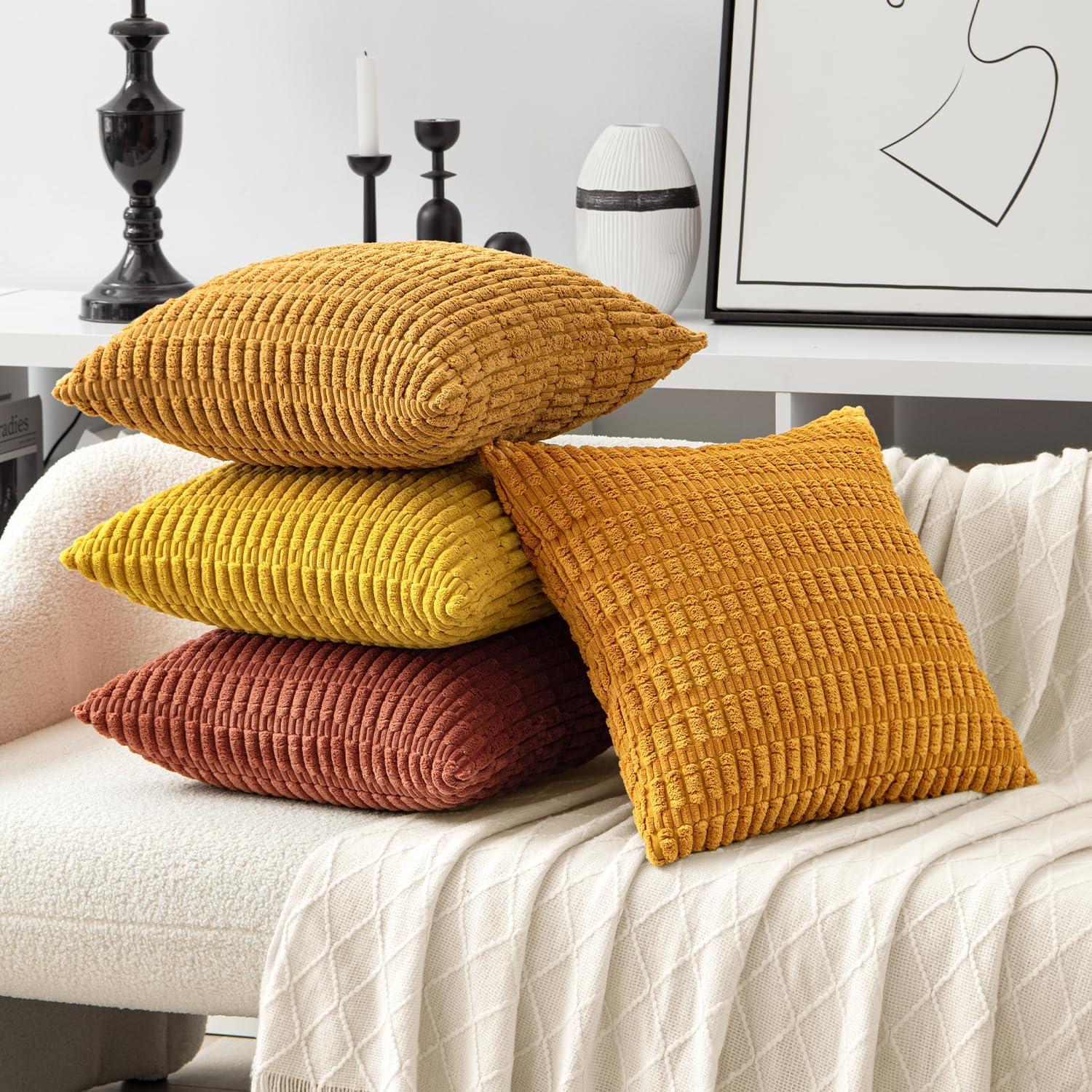 imageMIULEE Pack of 4 Fall Boho Farmhouse Orange Yellow Corduroy Decorative Throw Pillow Covers 18x18 Inch Soft Striped Pillow Covers Modern Rustic Home Decor for Sofa Living Room Couch BedOrangeyellow