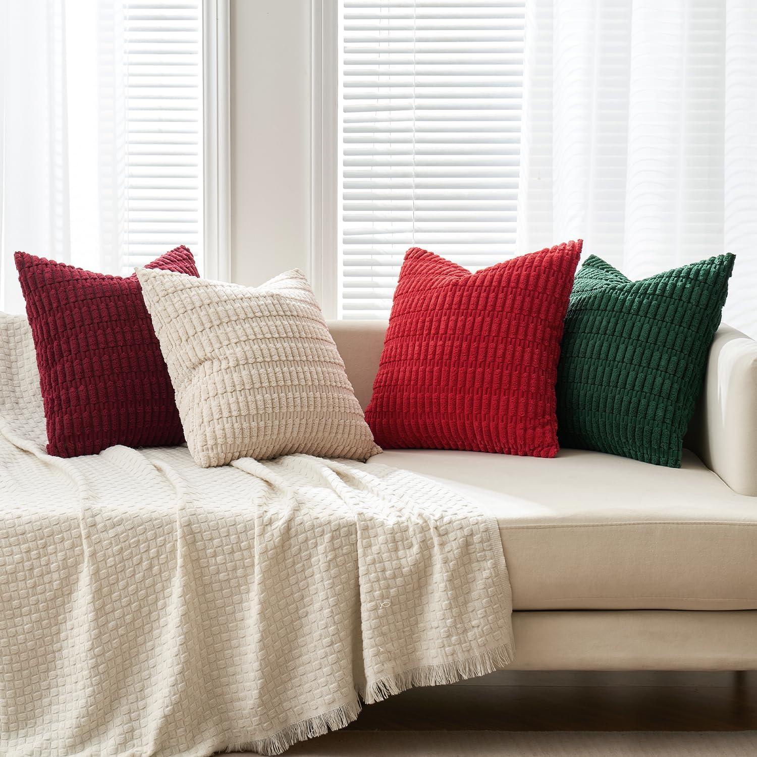 imageMIULEE Pack of 4 Fall Boho Farmhouse Orange Yellow Corduroy Decorative Throw Pillow Covers 18x18 Inch Soft Striped Pillow Covers Modern Rustic Home Decor for Sofa Living Room Couch BedRed and Green