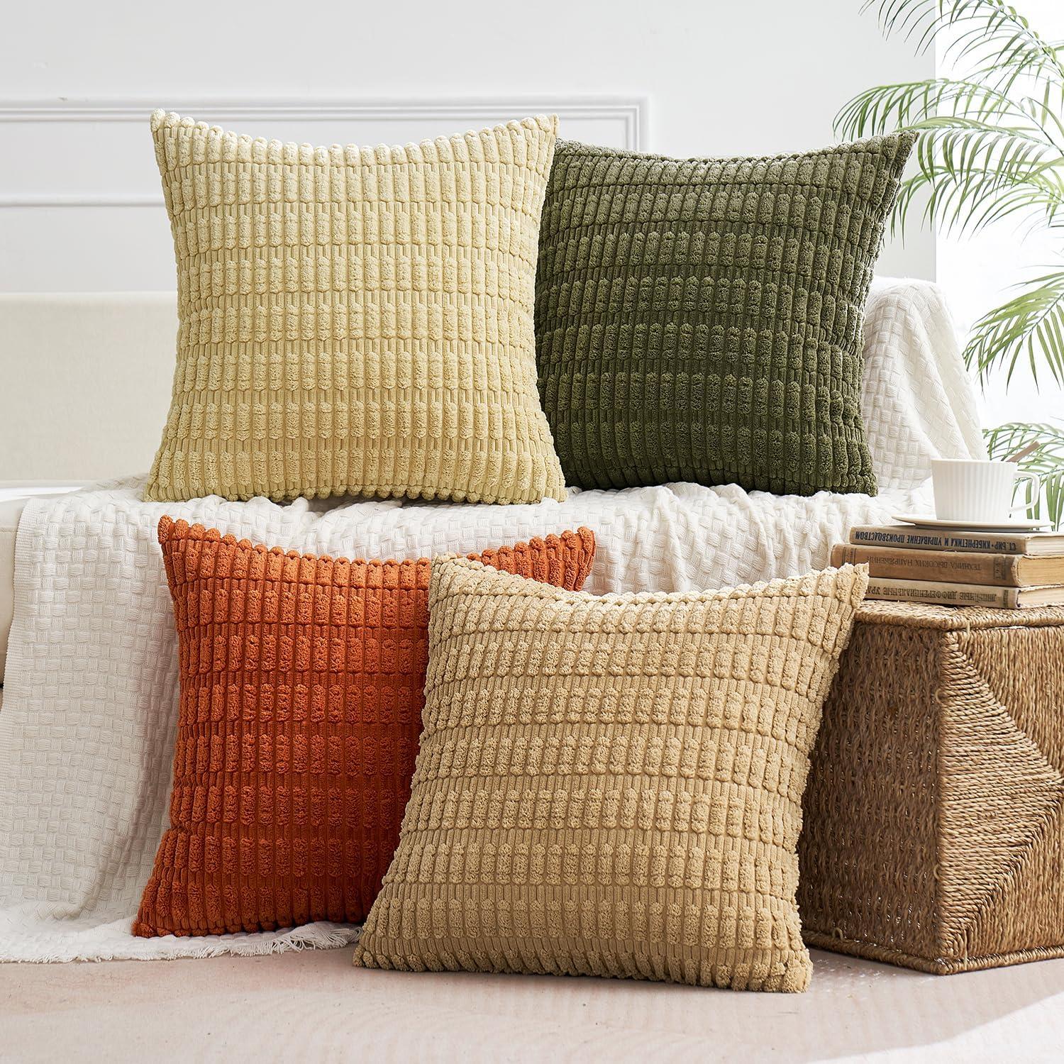 imageMIULEE Pack of 4 Fall Boho Farmhouse Orange Yellow Corduroy Decorative Throw Pillow Covers 18x18 Inch Soft Striped Pillow Covers Modern Rustic Home Decor for Sofa Living Room Couch BedBrown Green