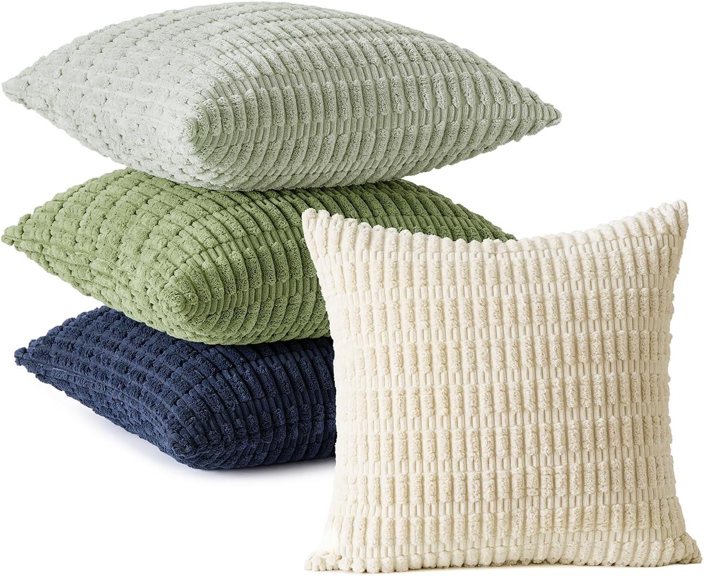 imageMIULEE Pack of 4 Fall Boho Farmhouse Orange Yellow Corduroy Decorative Throw Pillow Covers 18x18 Inch Soft Striped Pillow Covers Modern Rustic Home Decor for Sofa Living Room Couch BedGreen Blue