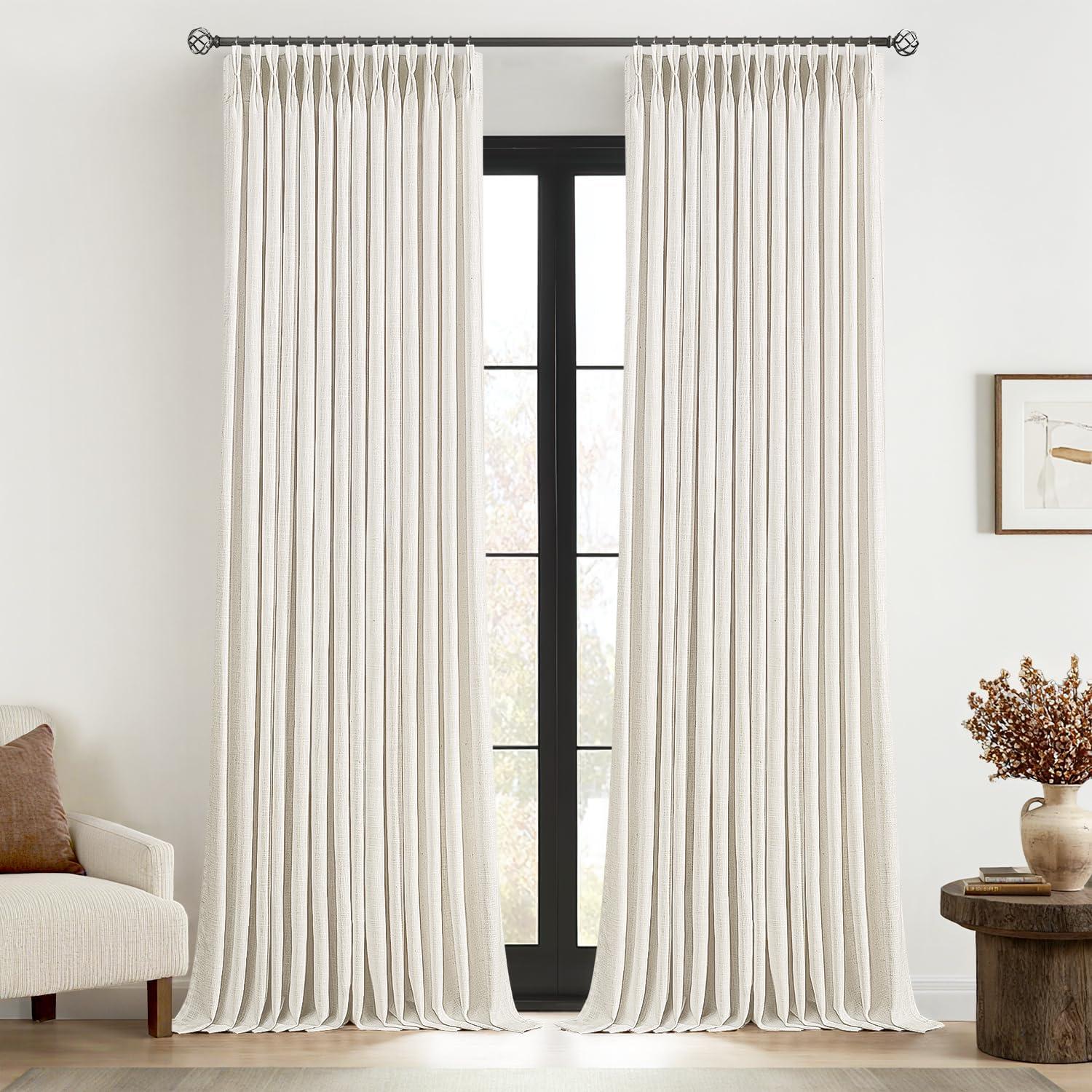 imageMIULEE Pinch Pleated Thick Linen Curtains 96 Inches Long 2 Panels for Living Room Bedroom Memory Trained Pleat Drapes Light Filtering Nautral Birch Semi Sheer Window Curtains Hooks Rings Back TabBeige White