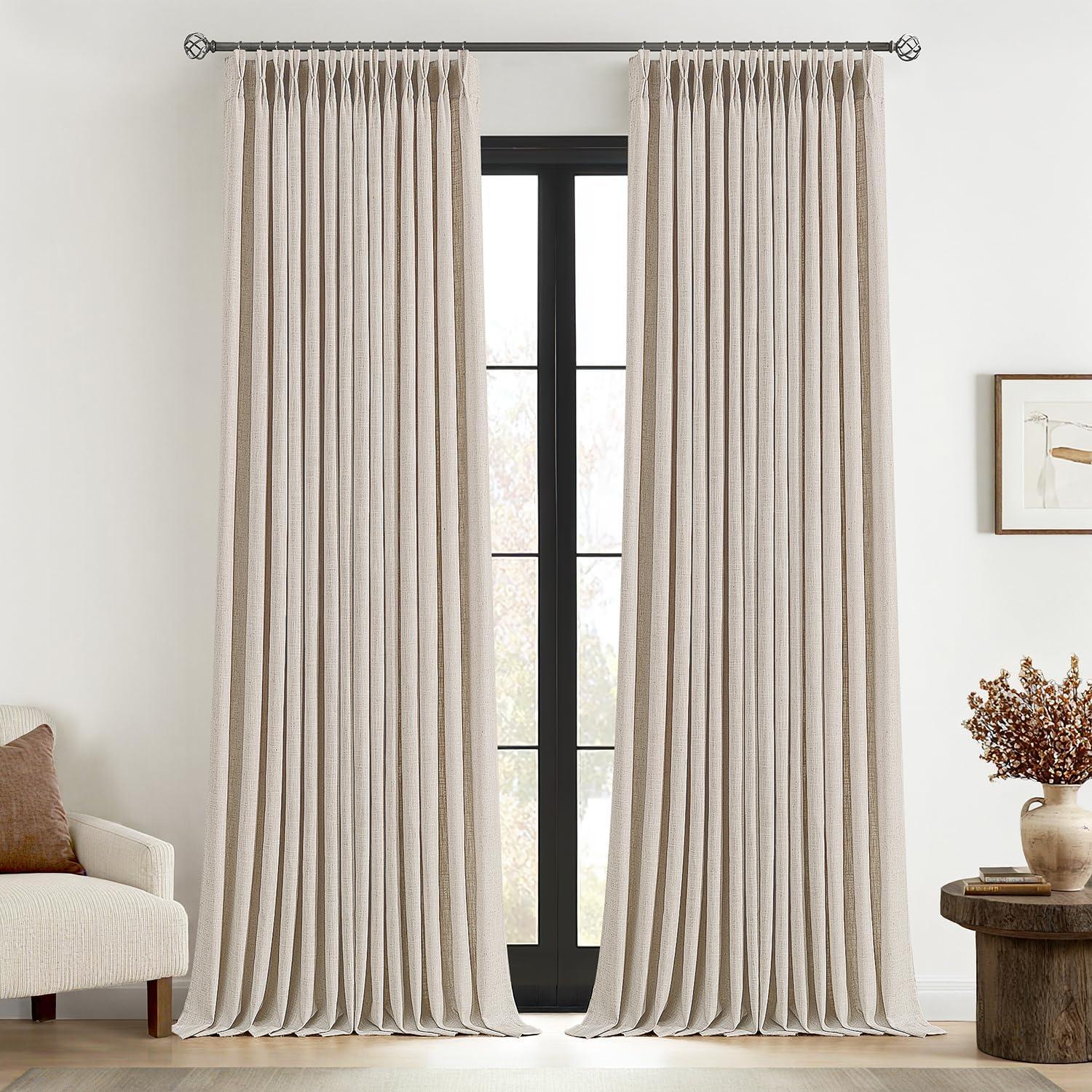 imageMIULEE Pinch Pleated Thick Linen Curtains 96 Inches Long 2 Panels for Living Room Bedroom Memory Trained Pleat Drapes Light Filtering Nautral Birch Semi Sheer Window Curtains Hooks Rings Back TabCream White