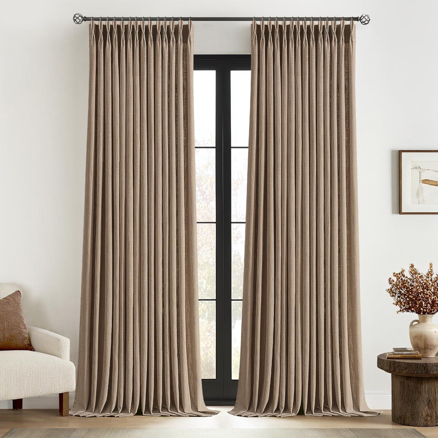 imageMIULEE Pinch Pleated Thick Linen Curtains 96 Inches Long 2 Panels for Living Room Bedroom Memory Trained Pleat Drapes Light Filtering Nautral Birch Semi Sheer Window Curtains Hooks Rings Back TabLinen Brown