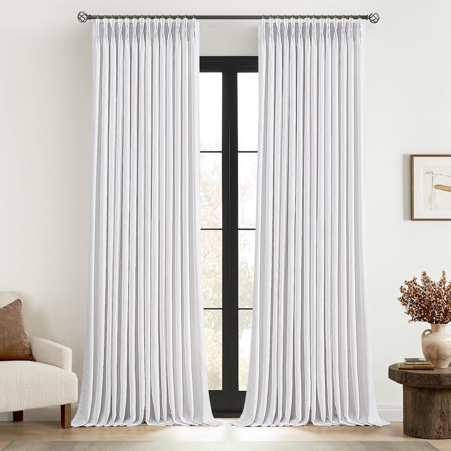 imageMIULEE Pinch Pleated Thick Linen Curtains 96 Inches Long 2 Panels for Living Room Bedroom Memory Trained Pleat Drapes Light Filtering Nautral Birch Semi Sheer Window Curtains Hooks Rings Back TabWhite