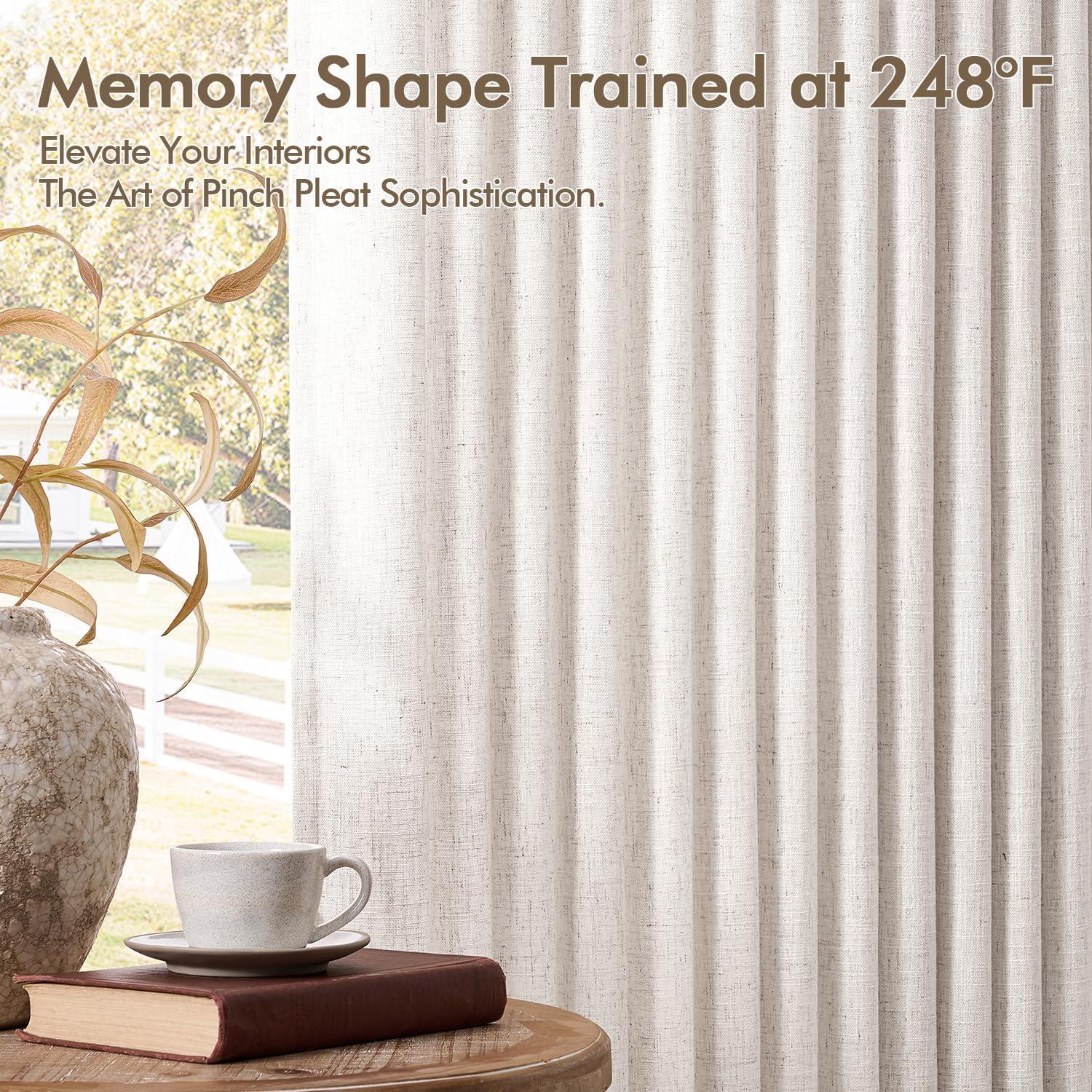 imageMIULEE Pinch Pleated Thick Linen Curtains 96 Inches Long 2 Panels for Living Room Bedroom Memory Trained Pleat Drapes Light Filtering Nautral Birch Semi Sheer Window Curtains Hooks Rings Back TabNatural