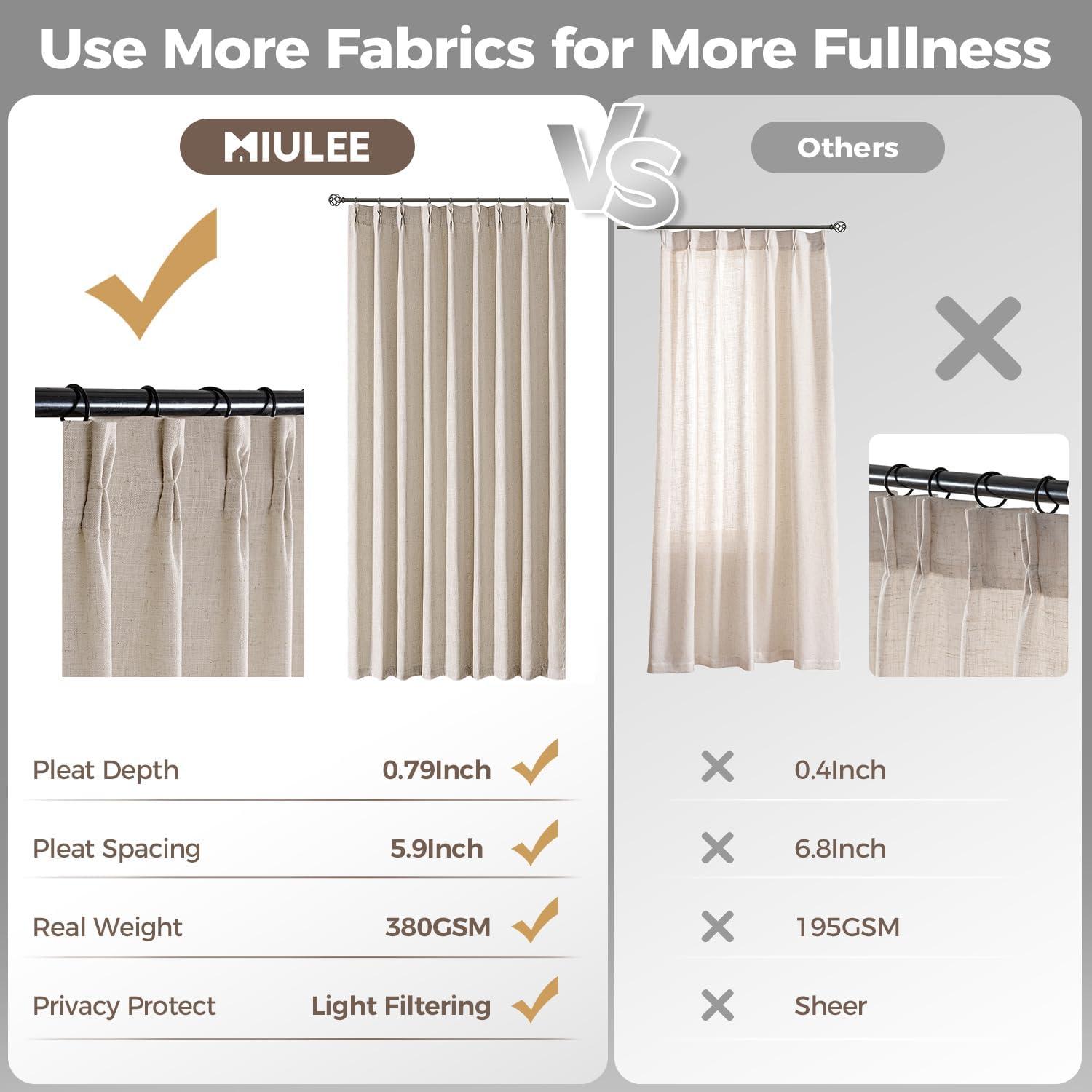 imageMIULEE Pinch Pleated Thick Linen Curtains 96 Inches Long 2 Panels for Living Room Bedroom Memory Trained Pleat Drapes Light Filtering Nautral Birch Semi Sheer Window Curtains Hooks Rings Back TabCream White