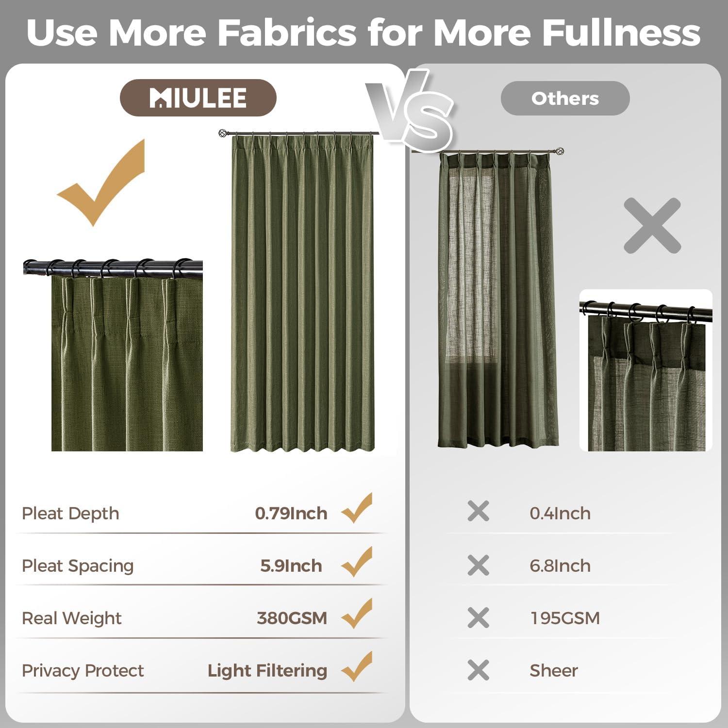 imageMIULEE Pinch Pleated Thick Linen Curtains 96 Inches Long 2 Panels for Living Room Bedroom Memory Trained Pleat Drapes Light Filtering Nautral Birch Semi Sheer Window Curtains Hooks Rings Back TabOlive Green
