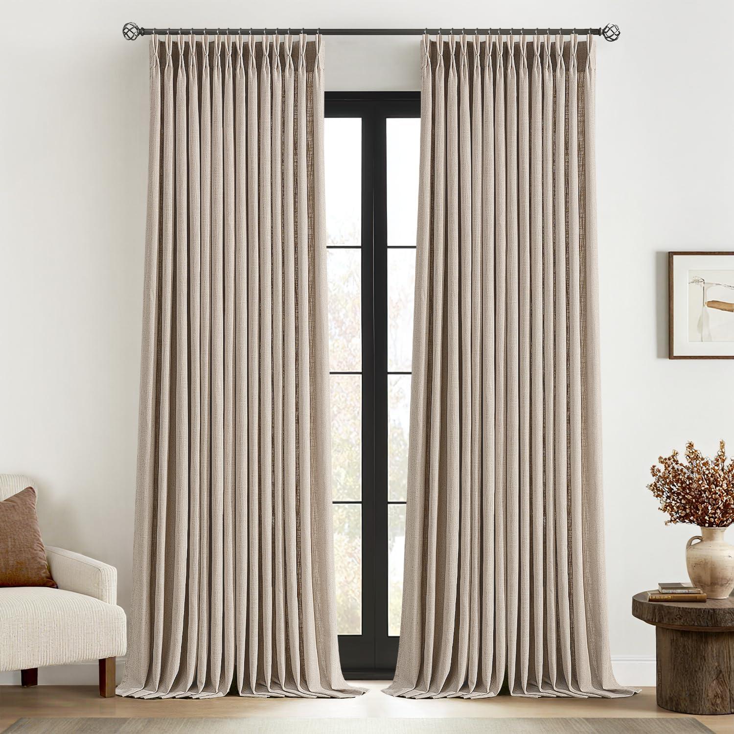 imageMIULEE Pinch Pleated Thick Linen Curtains 96 Inches Long 2 Panels for Living Room Bedroom Memory Trained Pleat Drapes Light Filtering Nautral Birch Semi Sheer Window Curtains Hooks Rings Back TabBurlywood Birch