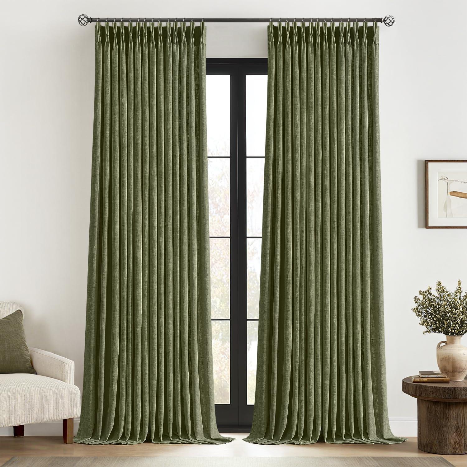 imageMIULEE Pinch Pleated Thick Linen Curtains 96 Inches Long 2 Panels for Living Room Bedroom Memory Trained Pleat Drapes Light Filtering Nautral Birch Semi Sheer Window Curtains Hooks Rings Back TabOlive Green