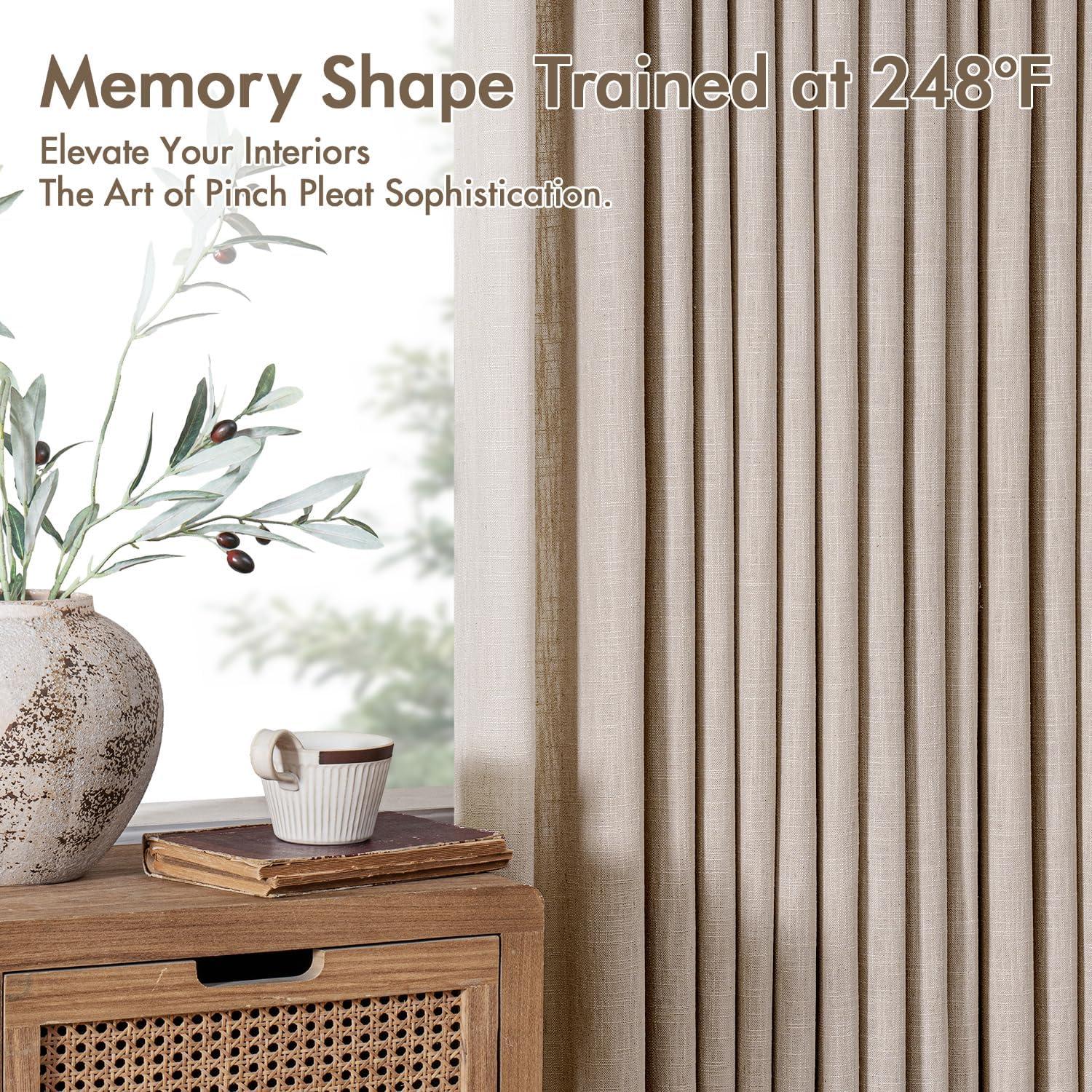 imageMIULEE Pinch Pleated Thick Linen Curtains 96 Inches Long 2 Panels for Living Room Bedroom Memory Trained Pleat Drapes Light Filtering Nautral Birch Semi Sheer Window Curtains Hooks Rings Back TabBurlywood Birch