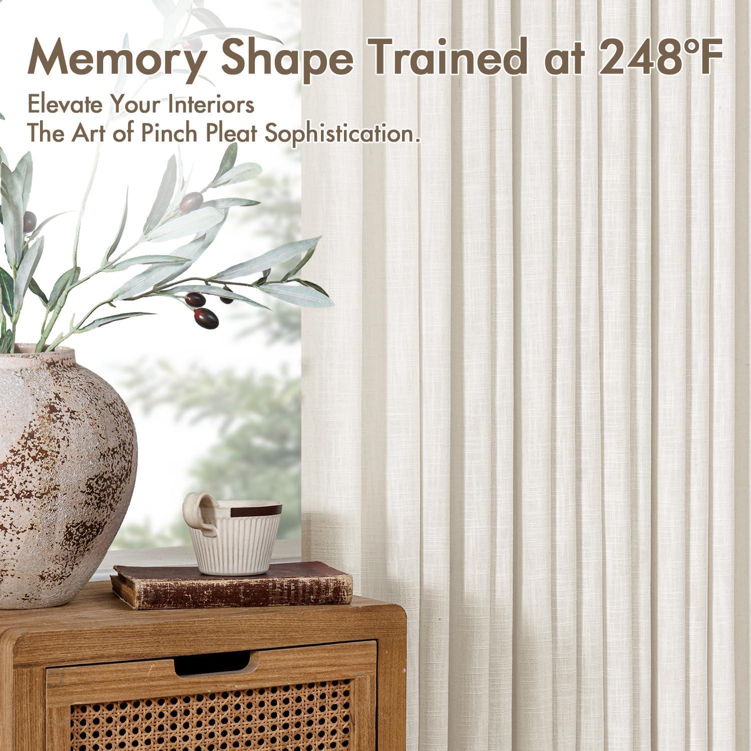 imageMIULEE Pinch Pleated Thick Linen Curtains 96 Inches Long 2 Panels for Living Room Bedroom Memory Trained Pleat Drapes Light Filtering Nautral Birch Semi Sheer Window Curtains Hooks Rings Back TabBeige White