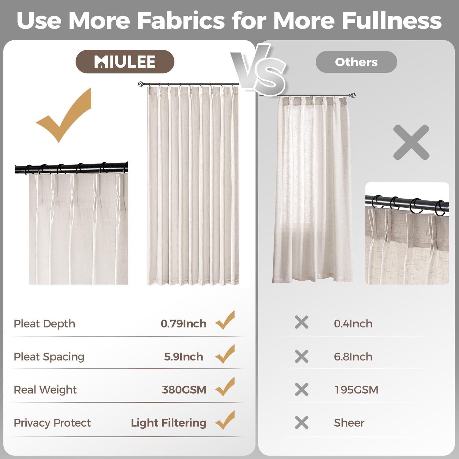 imageMIULEE Pinch Pleated Thick Linen Curtains 96 Inches Long 2 Panels for Living Room Bedroom Memory Trained Pleat Drapes Light Filtering Nautral Birch Semi Sheer Window Curtains Hooks Rings Back TabNatural