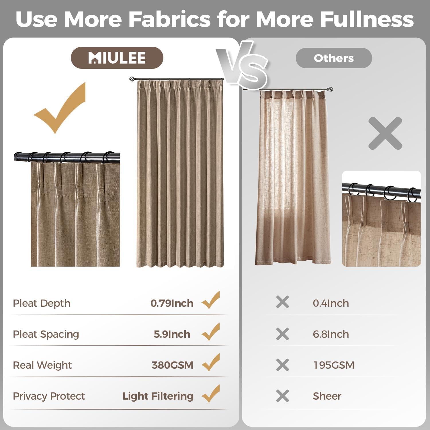 imageMIULEE Pinch Pleated Thick Linen Curtains 96 Inches Long 2 Panels for Living Room Bedroom Memory Trained Pleat Drapes Light Filtering Nautral Birch Semi Sheer Window Curtains Hooks Rings Back TabLinen Brown