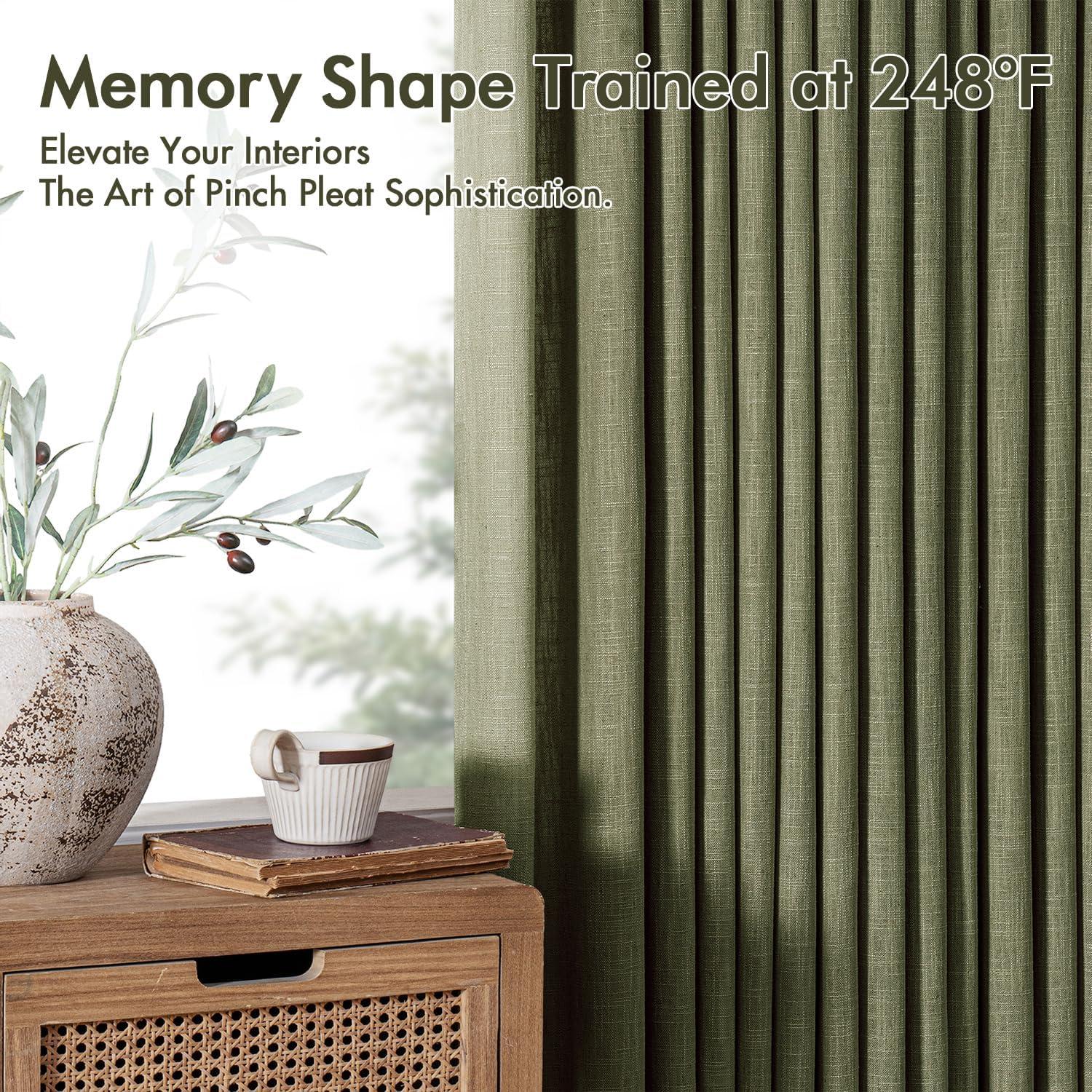 imageMIULEE Pinch Pleated Thick Linen Curtains 96 Inches Long 2 Panels for Living Room Bedroom Memory Trained Pleat Drapes Light Filtering Nautral Birch Semi Sheer Window Curtains Hooks Rings Back TabOlive Green