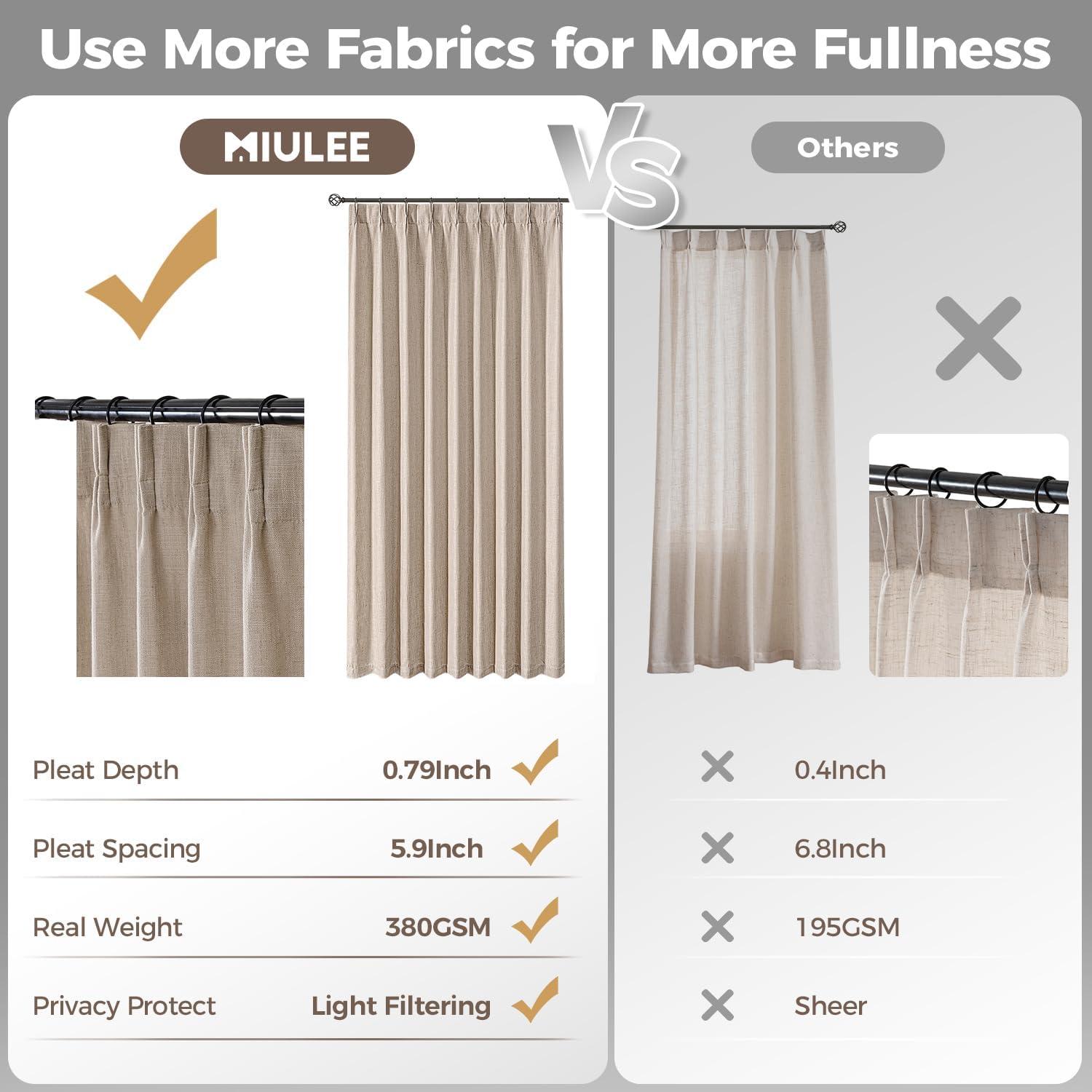 imageMIULEE Pinch Pleated Thick Linen Curtains 96 Inches Long 2 Panels for Living Room Bedroom Memory Trained Pleat Drapes Light Filtering Nautral Birch Semi Sheer Window Curtains Hooks Rings Back TabBurlywood Birch